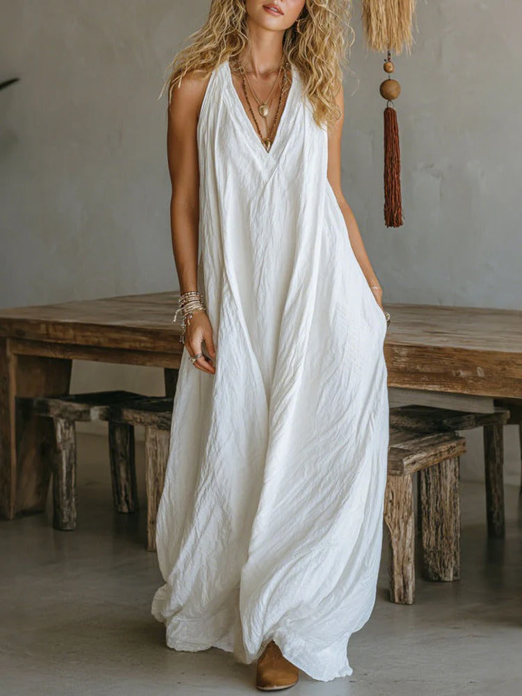 Robe longue fluide élégante sans manches à col en V