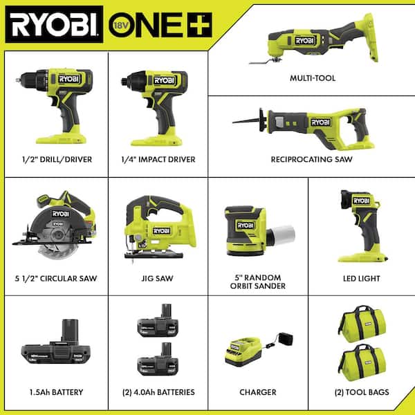 ONE+ 18V 8 Tool Combo Kit with (1) 1 5 Ah Battery and (2) 4 0 Ah Batteries and Charger Image 2