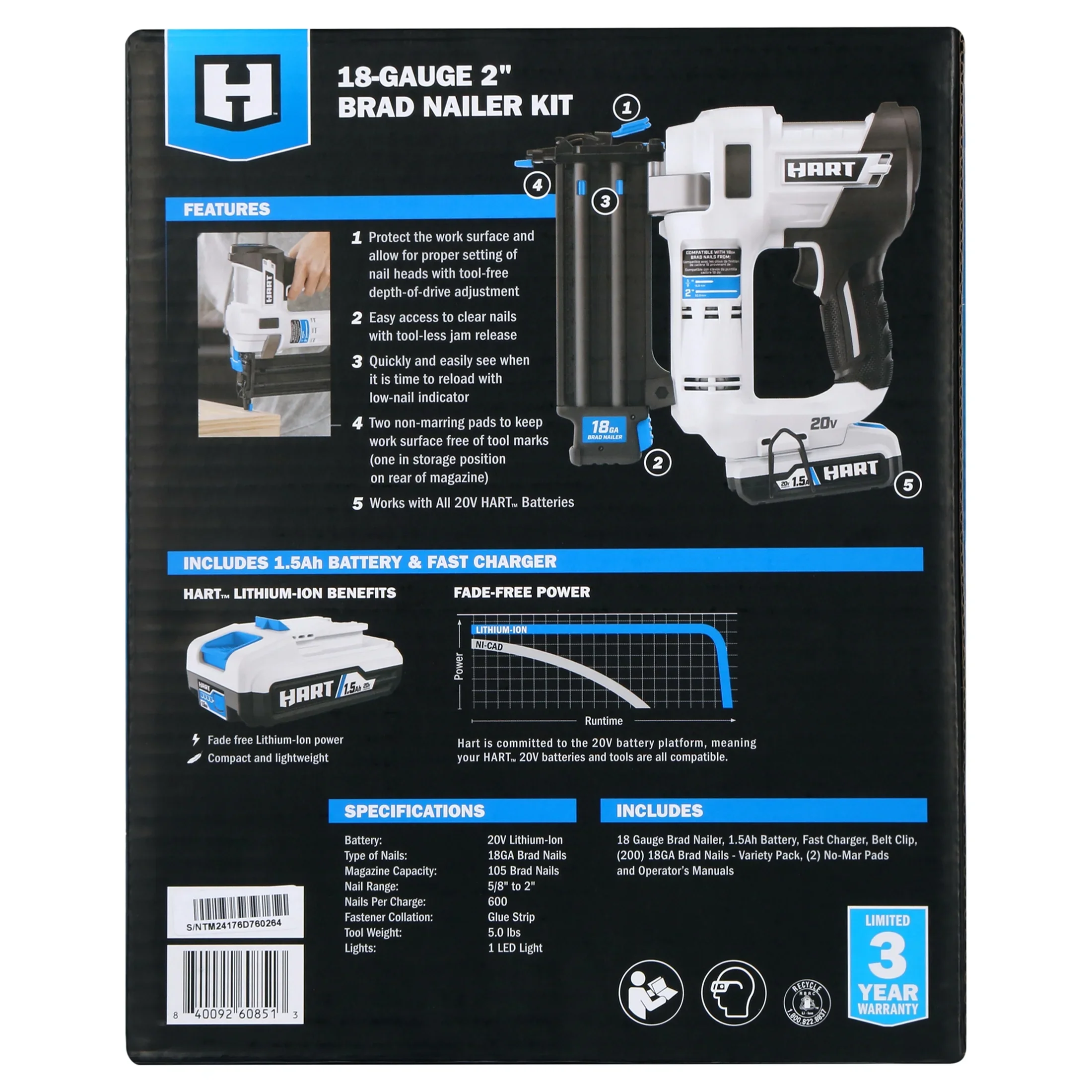 HART 20-Volt 2-inch 18-Gauge Battery-Powered Brad Nailer Kit, (1) 1.5Ah Lithium-Ion Battery