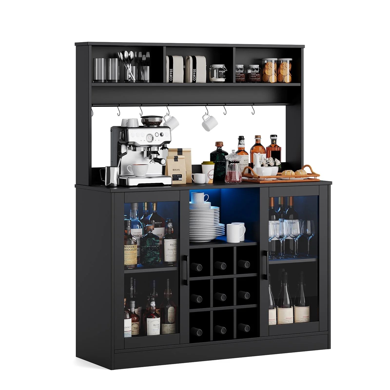 Coffee Bar Cabinet Wine Bar Cabinet with Power Outlet, 6 Hooks,9 Wink Racks and Adjustable Shelf, Liquor Cabinet Bar with LED Light, Buffet Sideboard with Storage Shelf for Kitchen, Black(Black) - Image 7