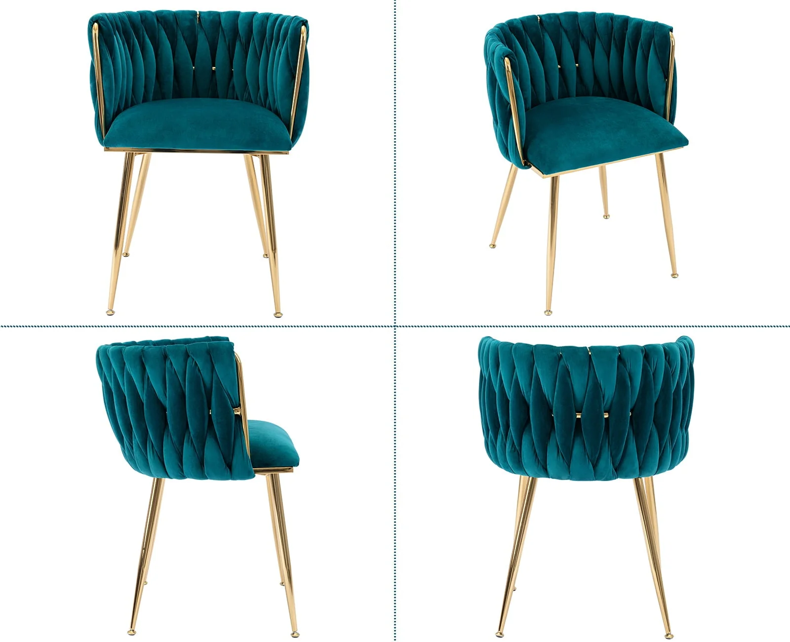 Velvet Dining Chair Set of 2, Modern Upholstered Accent Side Chair with Woven Back and Metal Legs, Vanity Chair Kitchen Chair for Living Room Dining Room Bedroom, Teal Green(Black) - Image 10