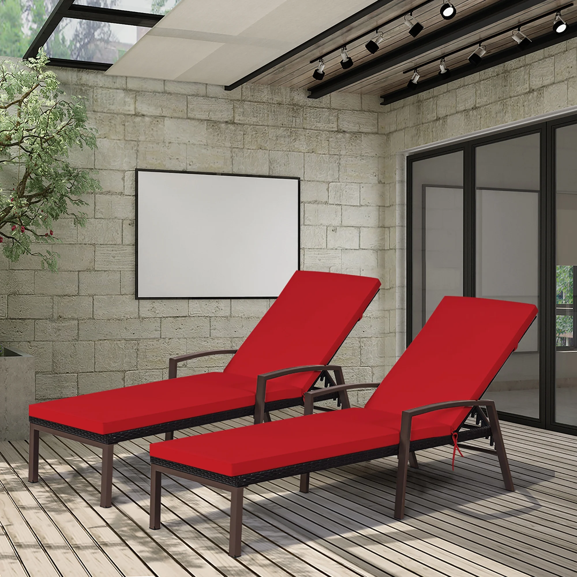 2PCS Patio Rattan Lounge Chair Chaise Recliner Back Adjustable Cushioned Red(Red) - Image 5