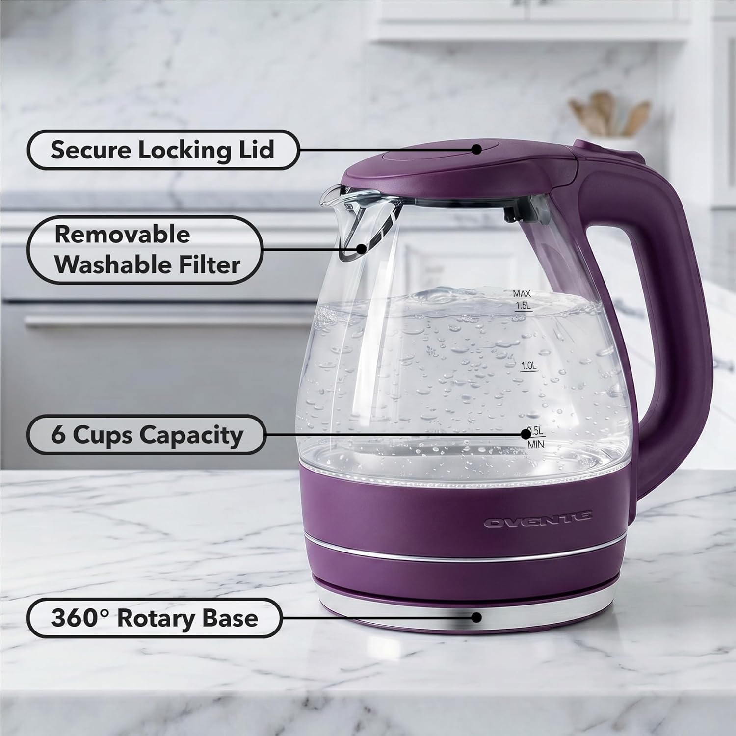 OVENTE 1.5L Glass Electric Kettle Water Boiler, Purple KG83P