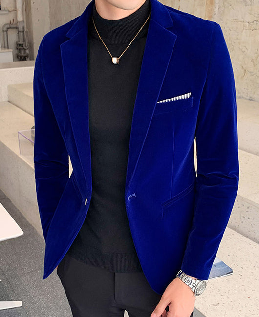 Blazer basique en velours uni à col à revers et poche poitrine