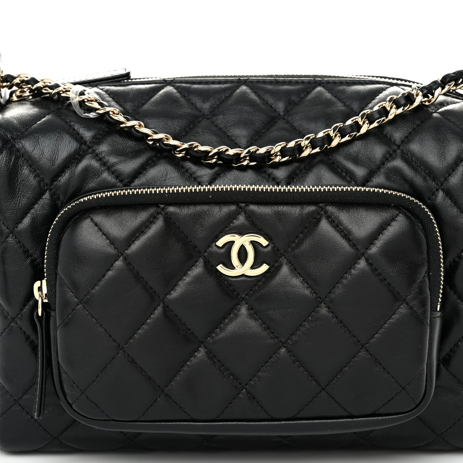 Shiny Crumpled Lambskin Quilted Medium Preppy Pocket Camera Case Black