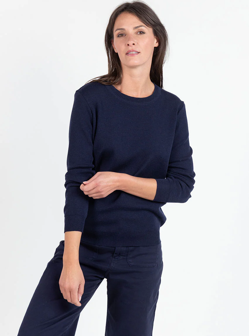 Pull femme en laine mérinos col rond bleu marine