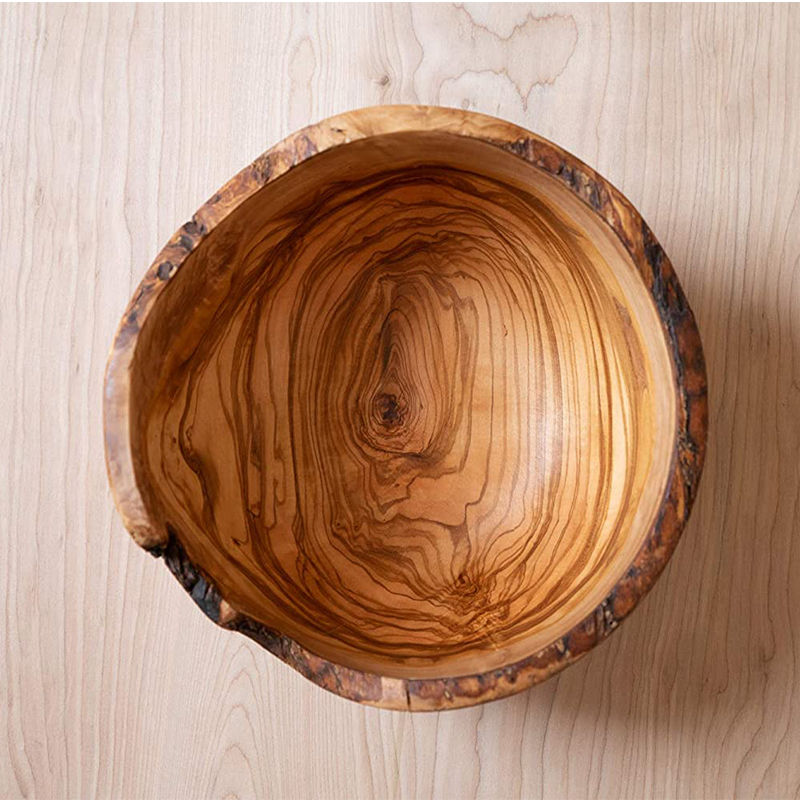 Olive Wood Rustic Fruit Bowl, 9 Inch Wide Olive Wood with Burled Grain and Semi Bark Edge