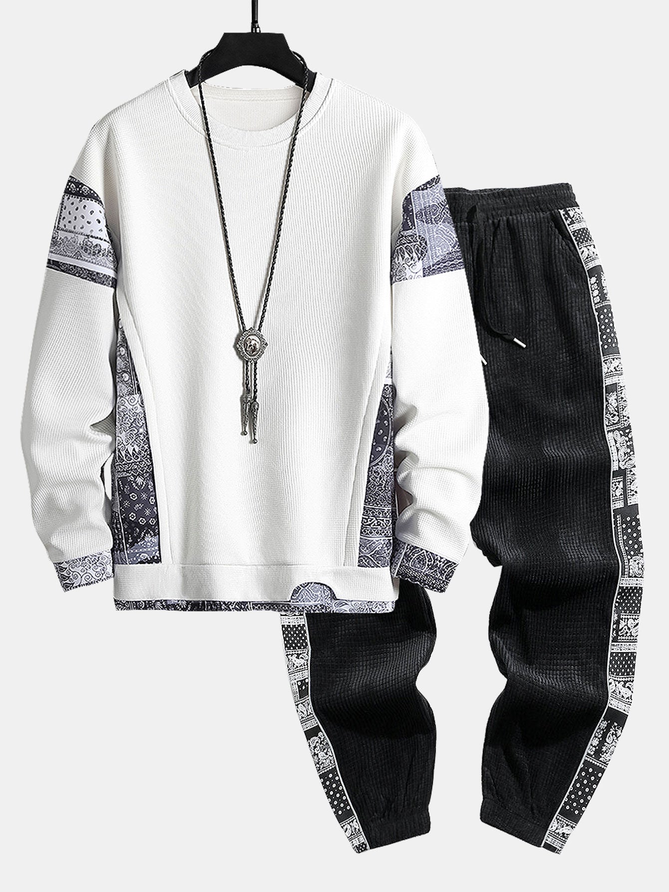 Sweat-shirt à empiècements en maille gaufrée et pantalon en velours côtelé à empiècements en maille cachemire