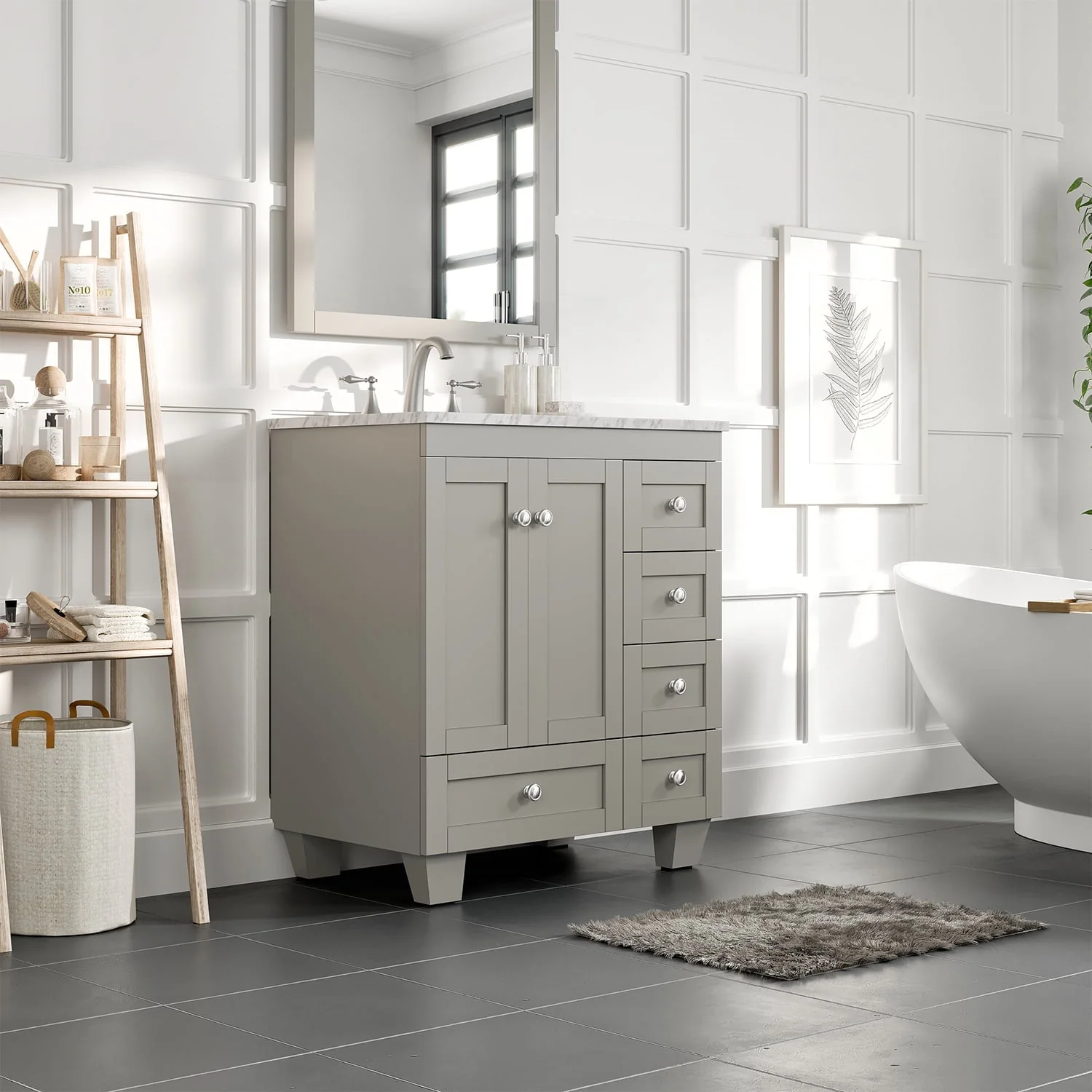 Eviva Bathroom Vanity Acclaim C. 30" Transitional Gray with White Carrara Marble Counter - Top