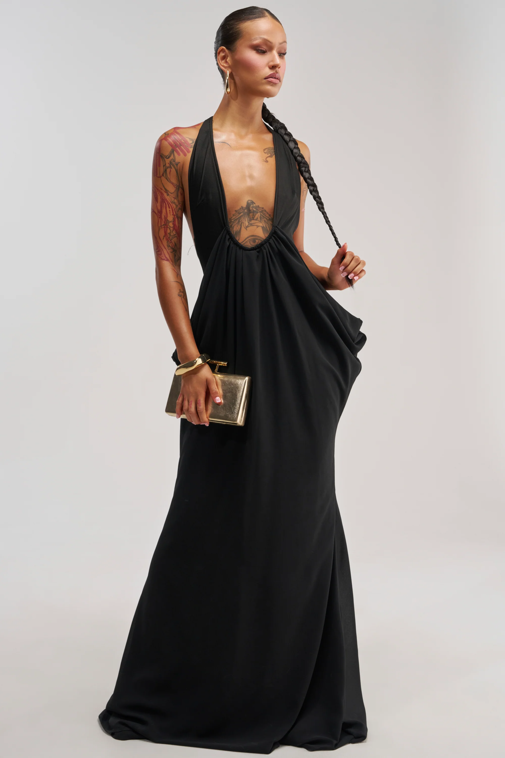 BORN TO SHINE SWOOP MAXI DRESS IN BLACK - Akira Store
