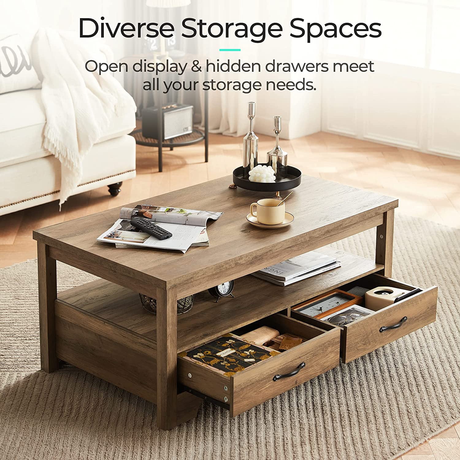 Farmhouse Coffee Table with Storage, Wood Coffee Table for Living Room, Open Display Area and Storage Drawers with Metal Handles, Chic Style with Curved Base, Brown(Black) - Image 3