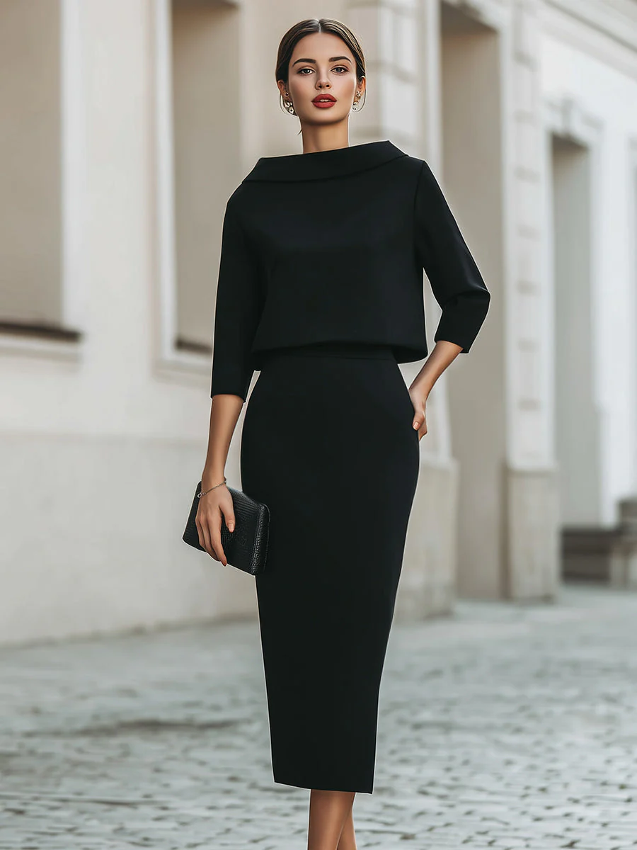 Ensemble Haut Col Bateau et Jupe Midi pour Femme