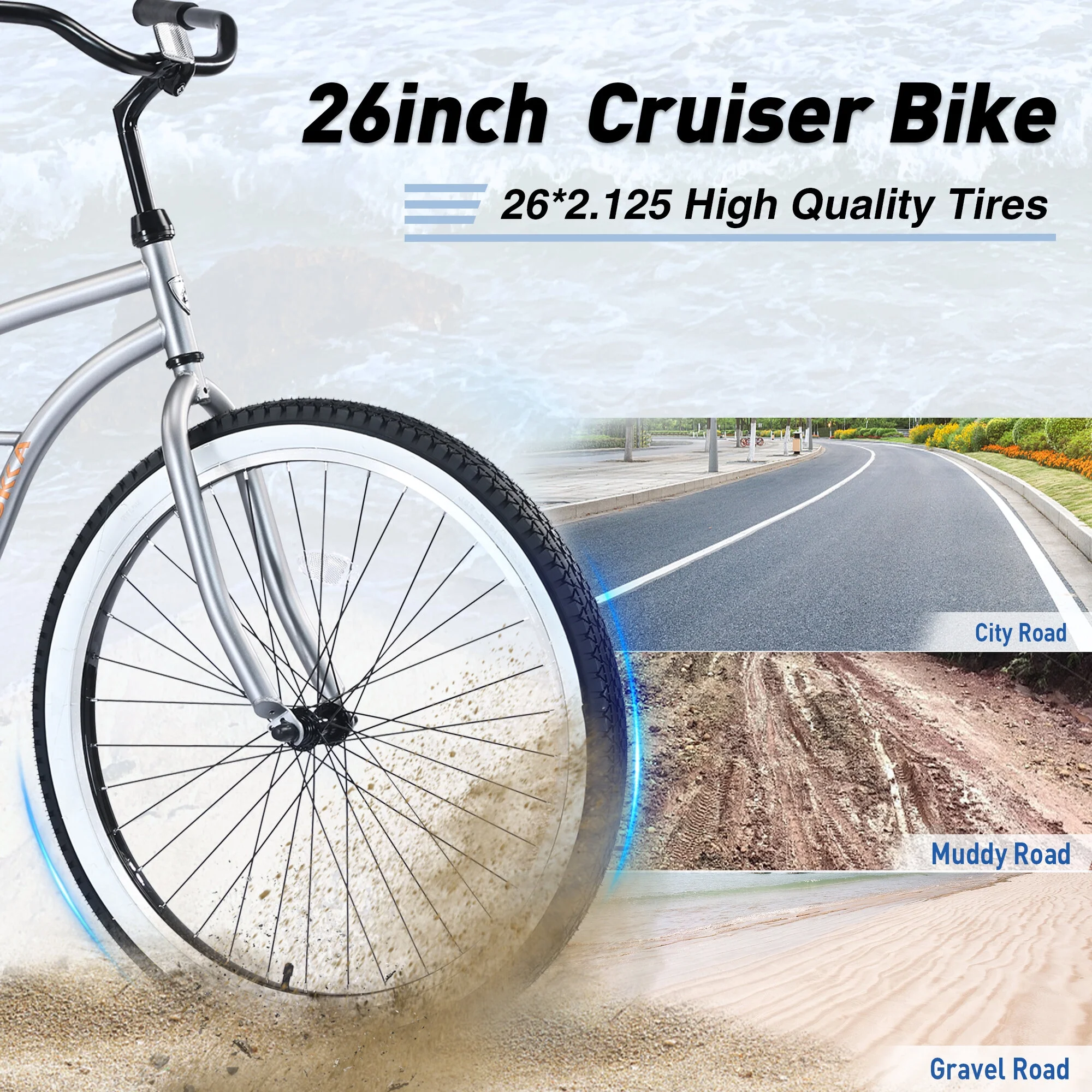 Single Speed Bicycles 26"Inch,Steel Frame,Wide Wheels for Stability,Rear Coaster Brakes,Multiple Colors Men'S Beach Cruiser Bike,Silver+Grey Steel Fitness Sports Sports Outdoor Bikes(17#Silver+Grey,Steel) - Image 6