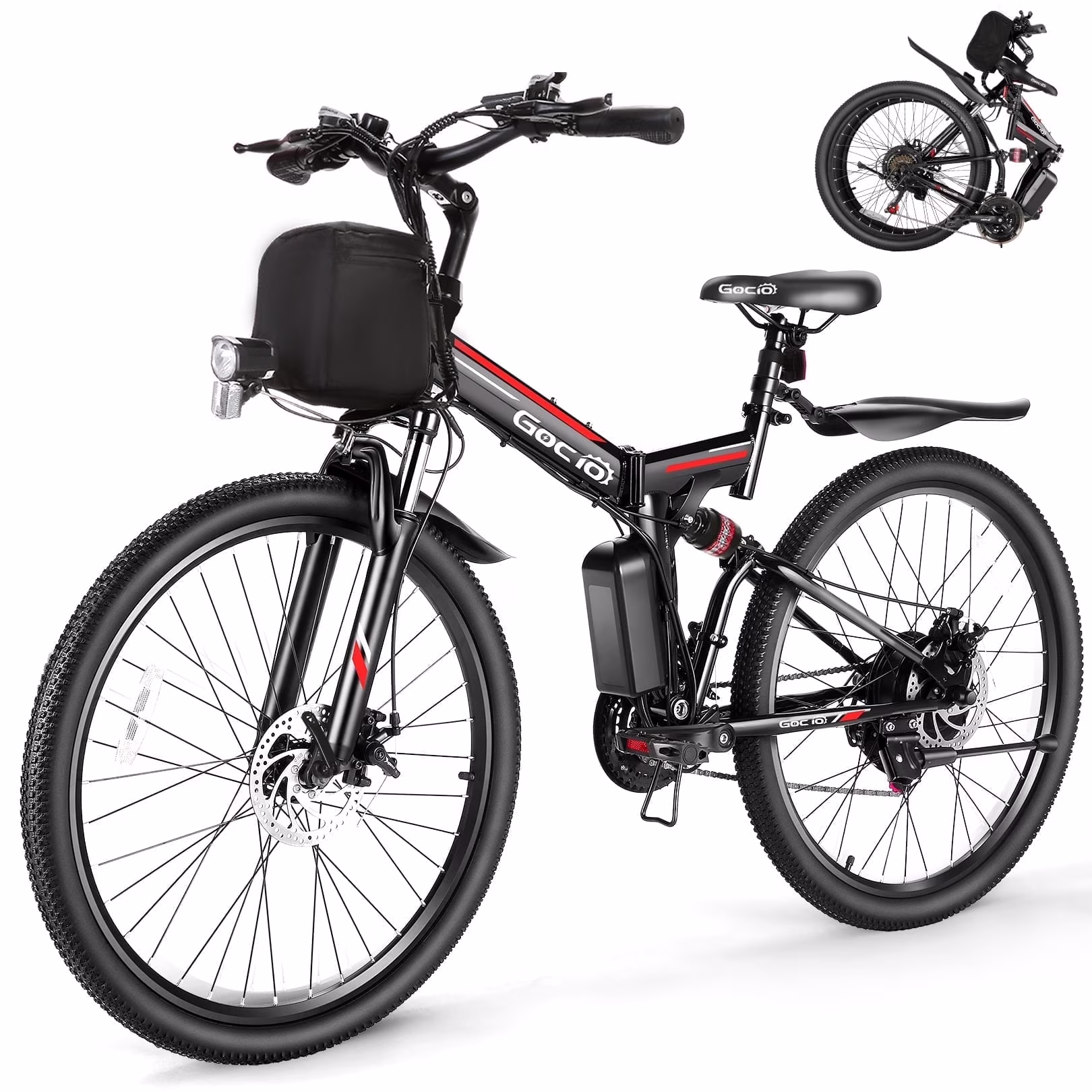 26" Folding Electric Bike for Adults, 500W Electric Mountain Bike, Dual shock absorbers, 48V 7.8Ah Battery, 21 Speed, UL2849(Black Red)