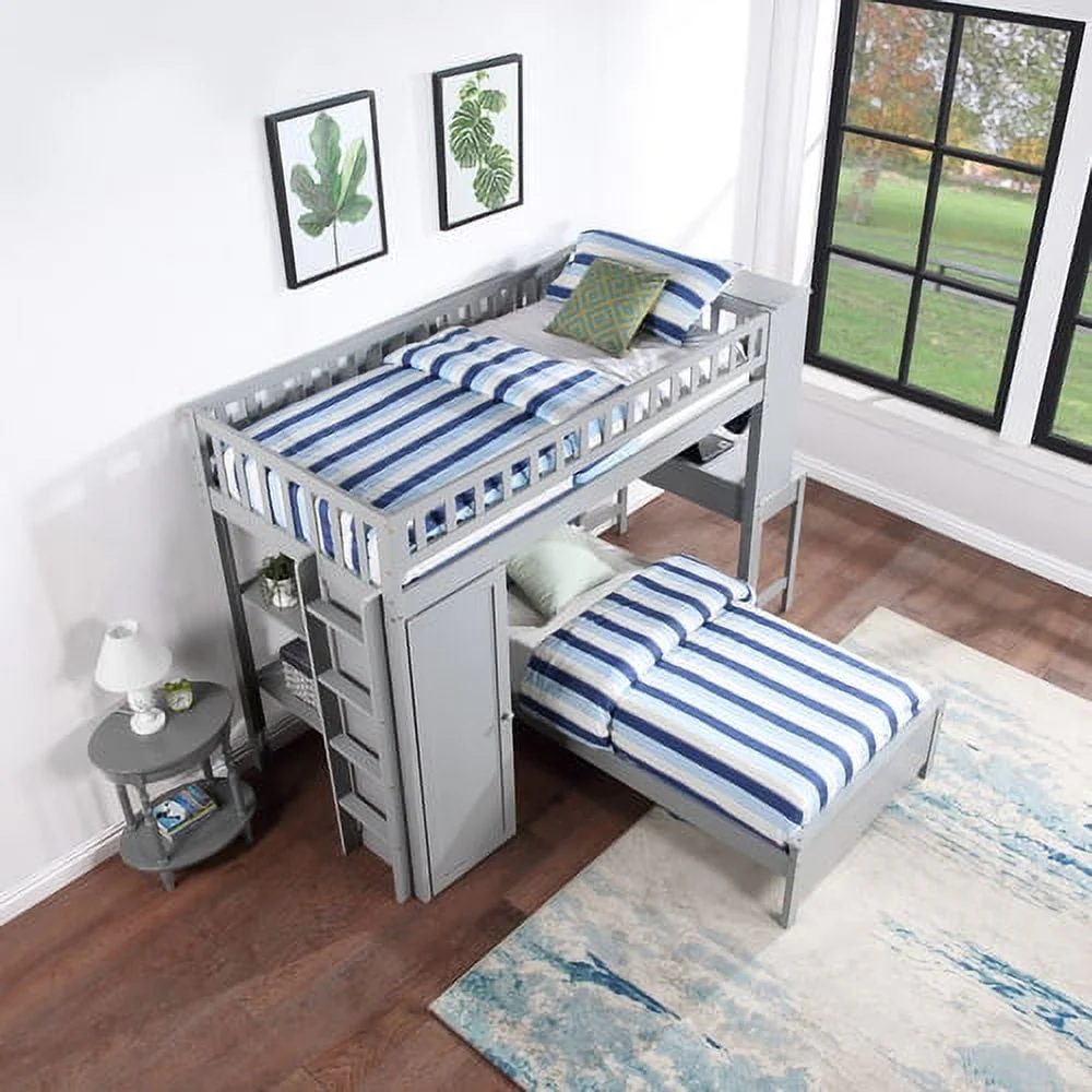 Twin Loft Bed with Closet Desk, Wood Bed Frame with Movable Bed, Bunk Bed for Kids Adult, Gray Image 4