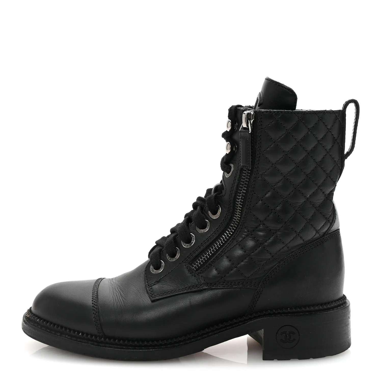 Calfskin Quilted Lace Up Combat Boots 37.5 Black