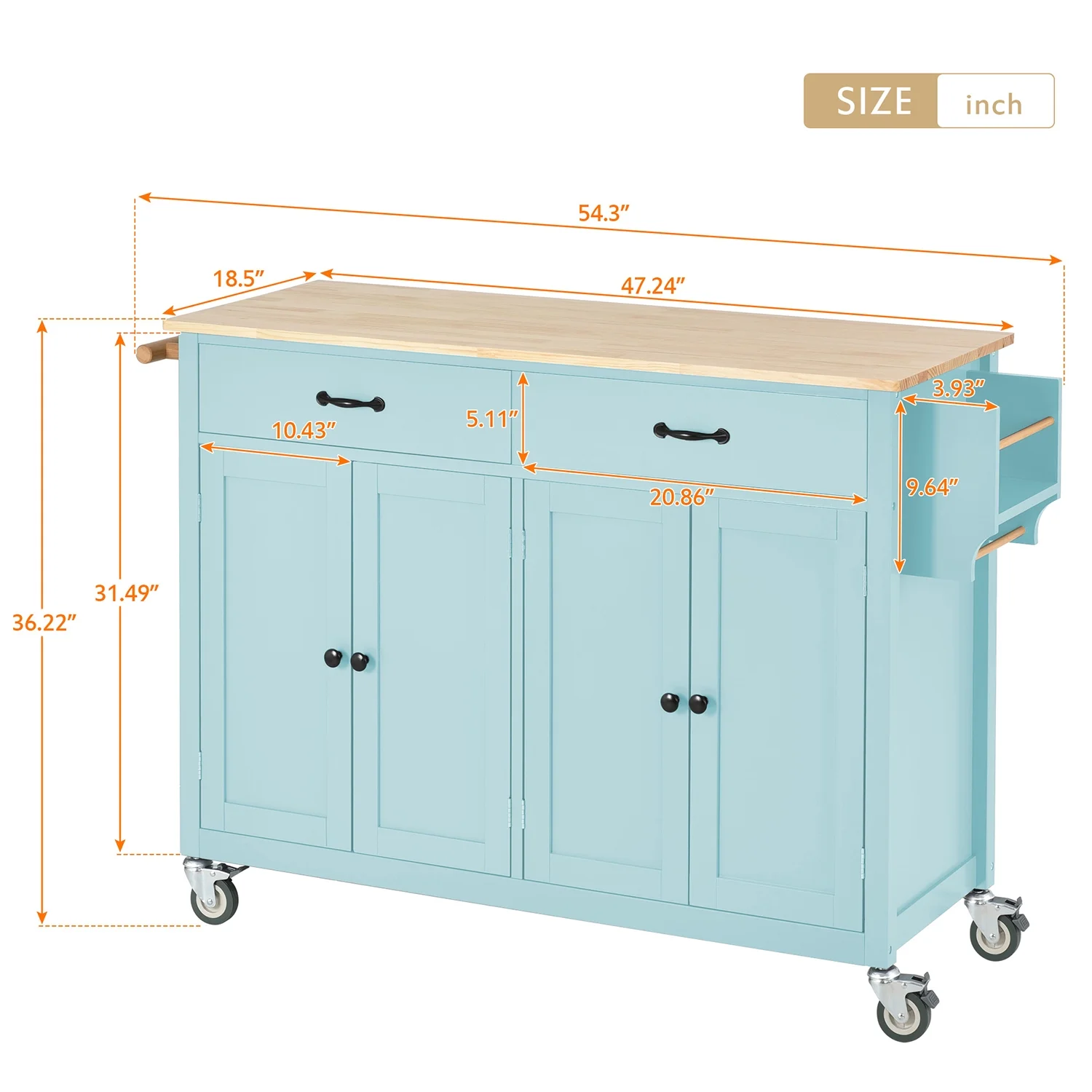 Moveable Kitchen Island Cart, Rolling Bar Cart with 4 Door Cabinet and Two Drawers and 2 Locking Wheels, Kitchen Cart for Kitchen, Green - Image 6