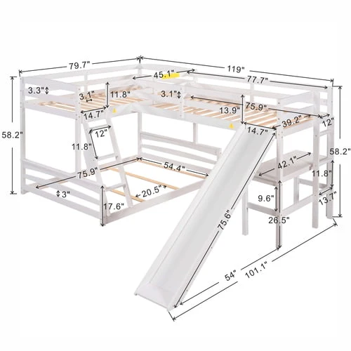 L Shaped Triple Bunk Bed for 5, Twin Over Full Bunk Bed and Twin Size Loft Bed with Built in Desk, and Slide,Full Length Guardrail, White Image 3