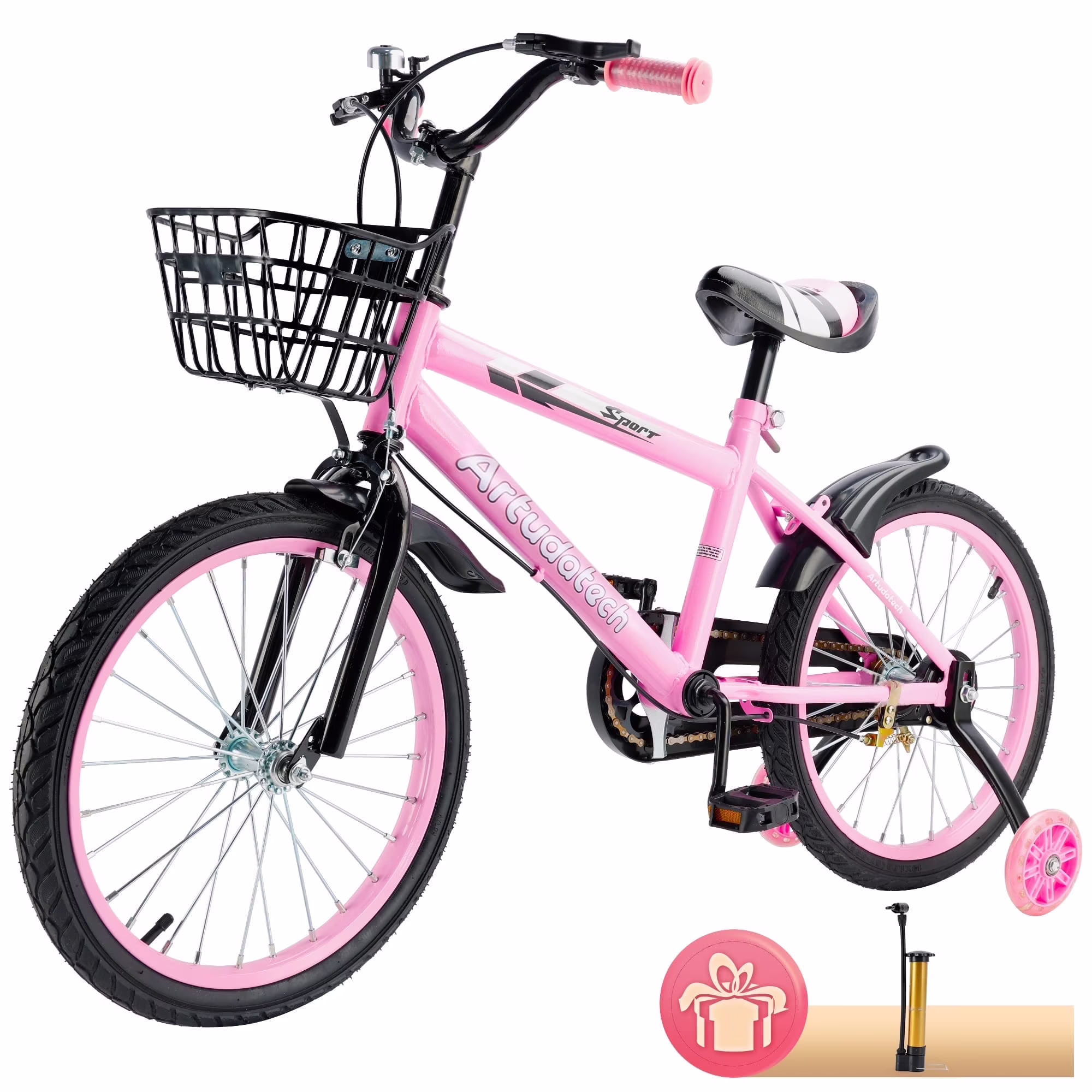 ARTUDATECH 14/16/18 in Kids Bike for Ages 3 - 10 Years Old Boys Girls, Kid'S Bikes with Training Wheels, Basket, Dual Brake, Children Bicycle for Kids and Toddler Beginners, Pink/Red