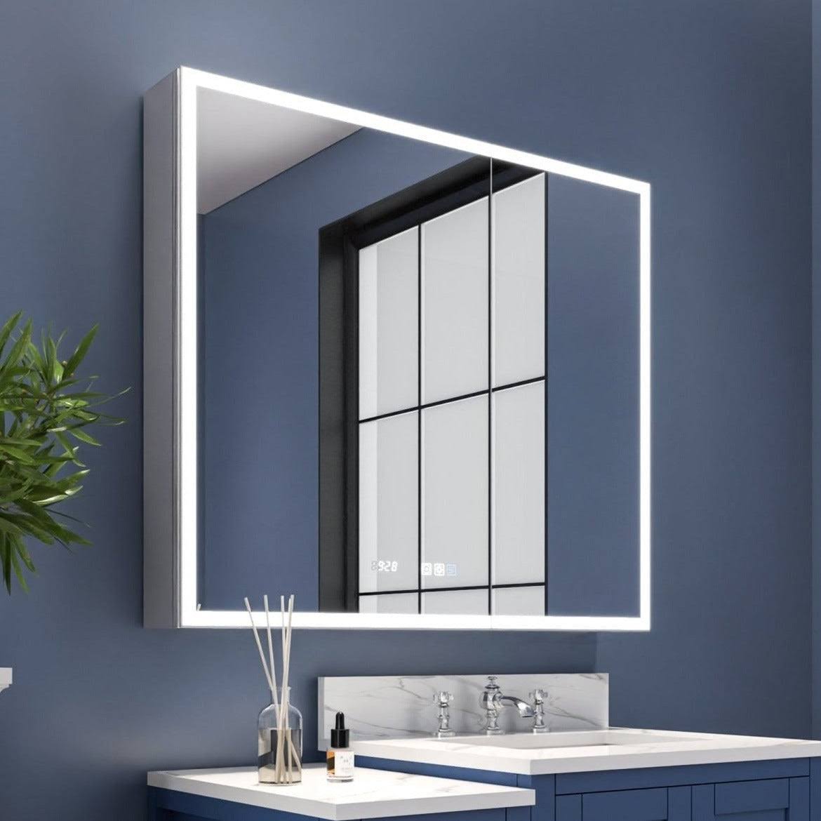 ExBrite 36 inch W x 30 inch H LED Lighted Medicine Cabinet Recessed or Surface with Clock, Size: 1 in