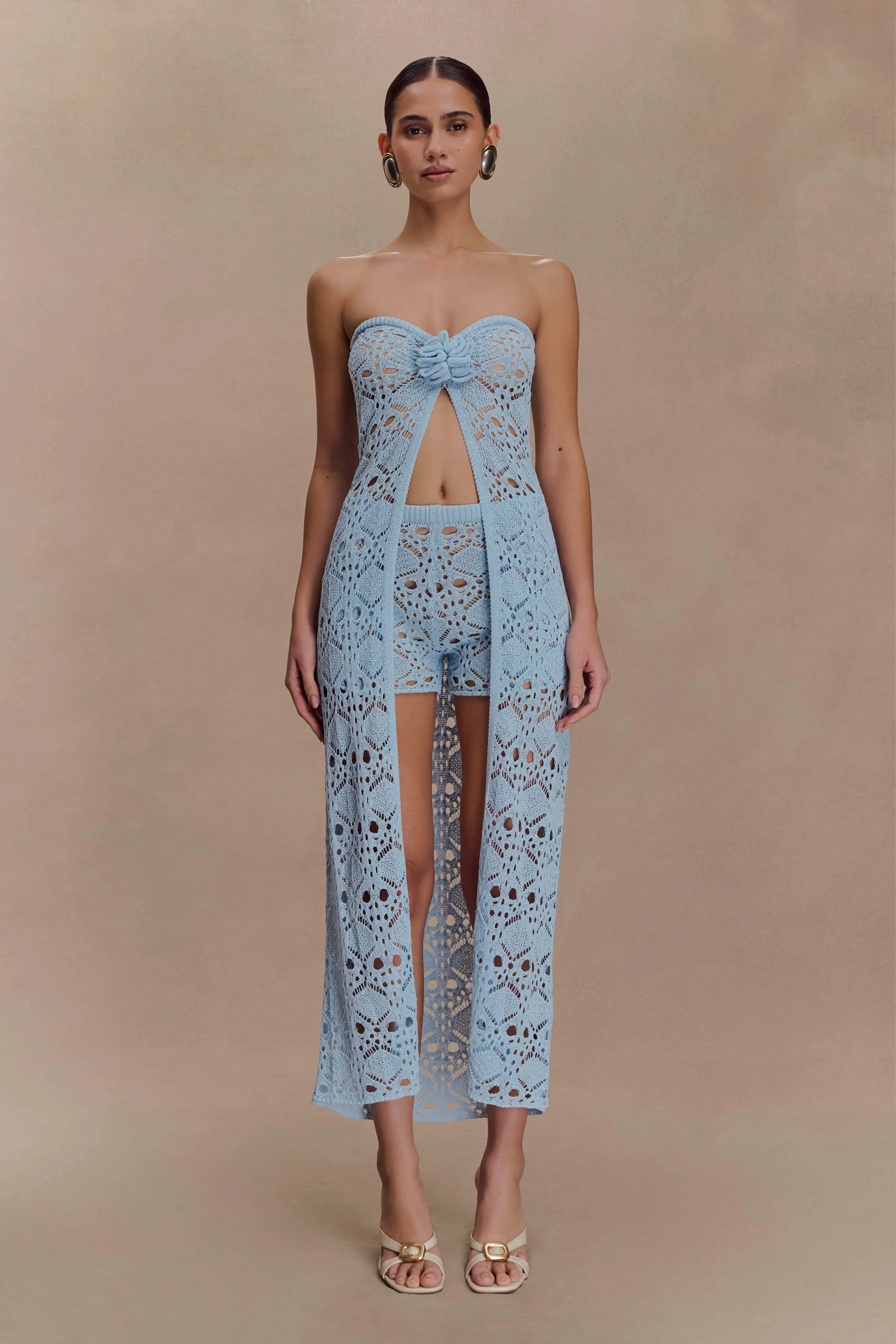 Aeline Strapless Crochet Knit Top - Sky Blue