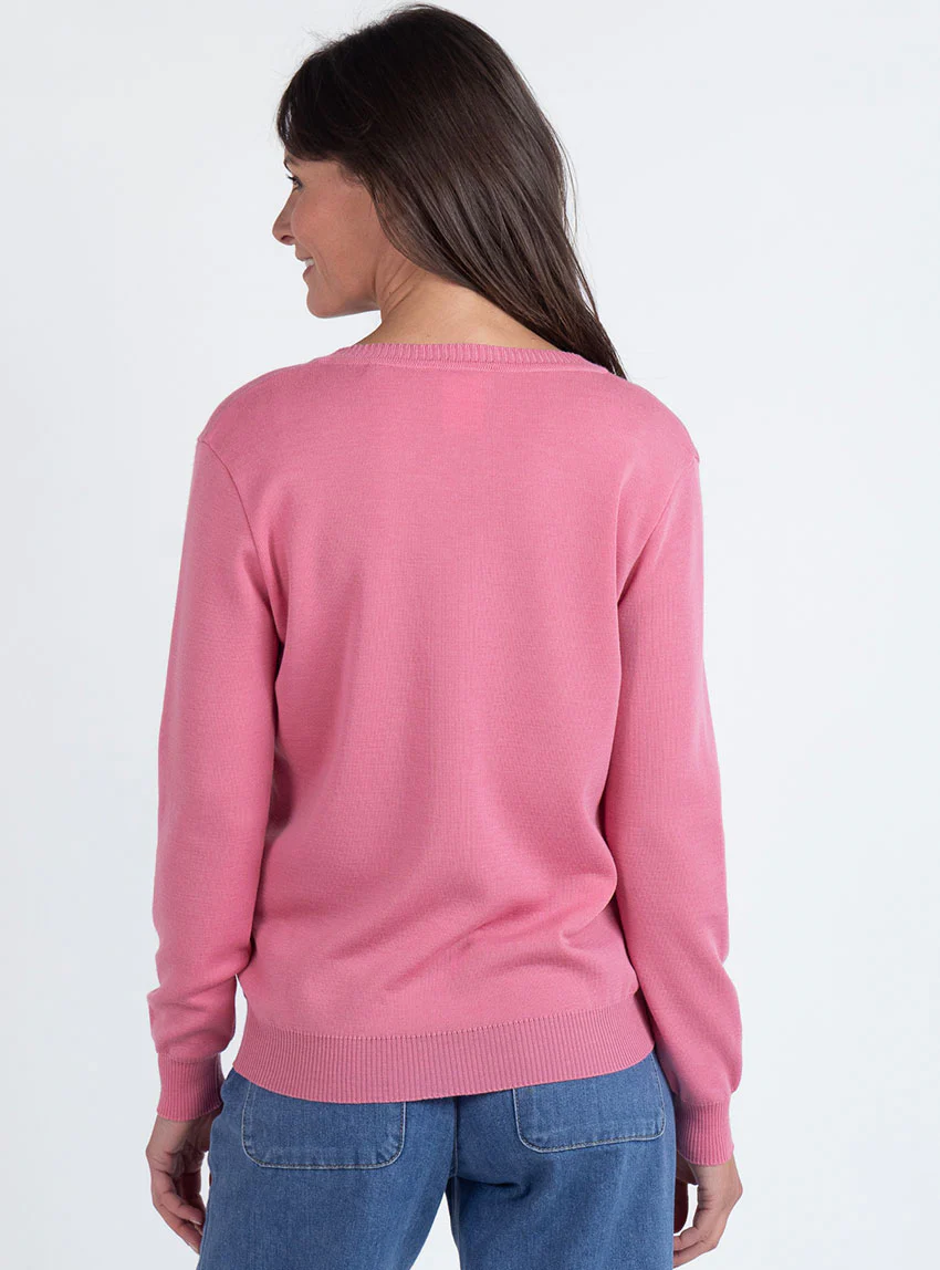 Pull femme col V en laine rose fleur