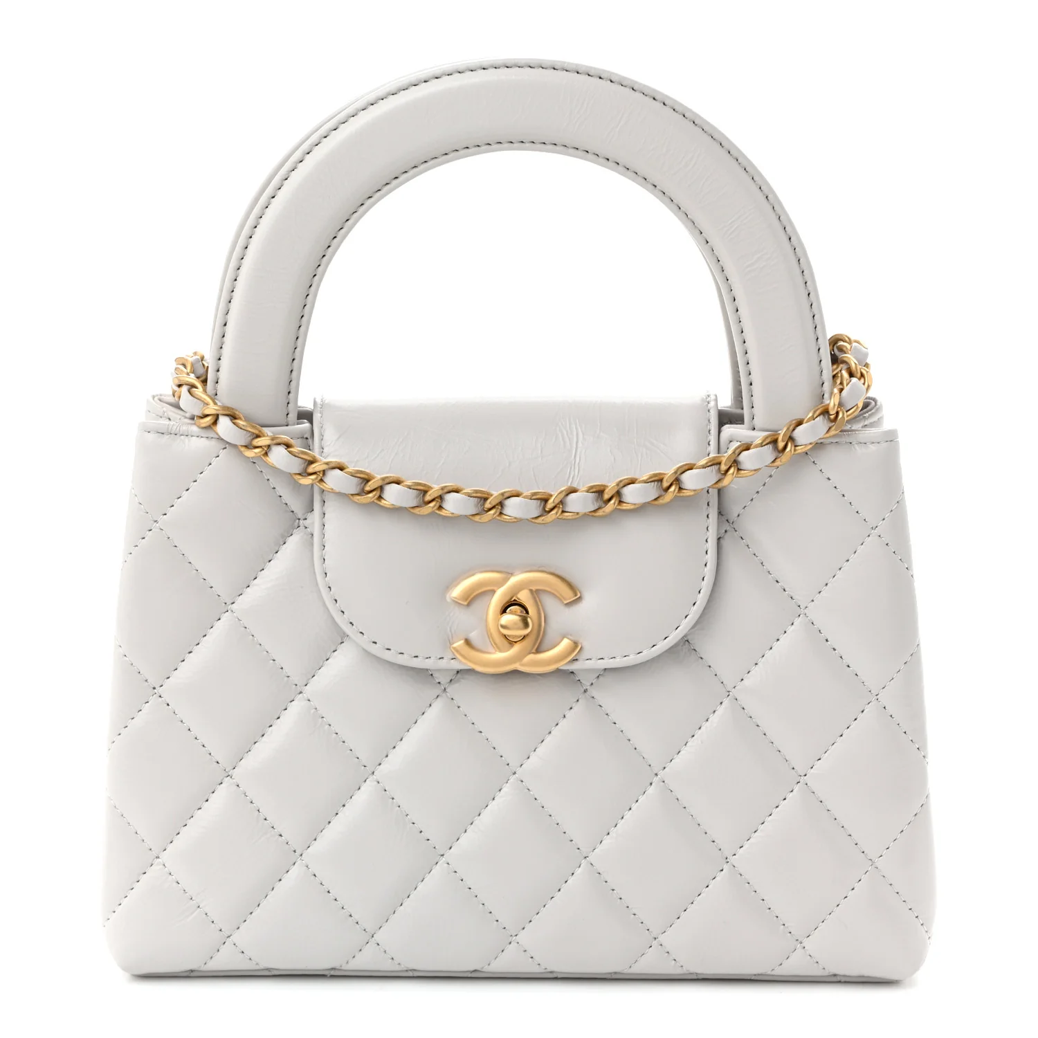 Shiny Aged Calfskin Quilted Nano Kelly Shopper Light Grey