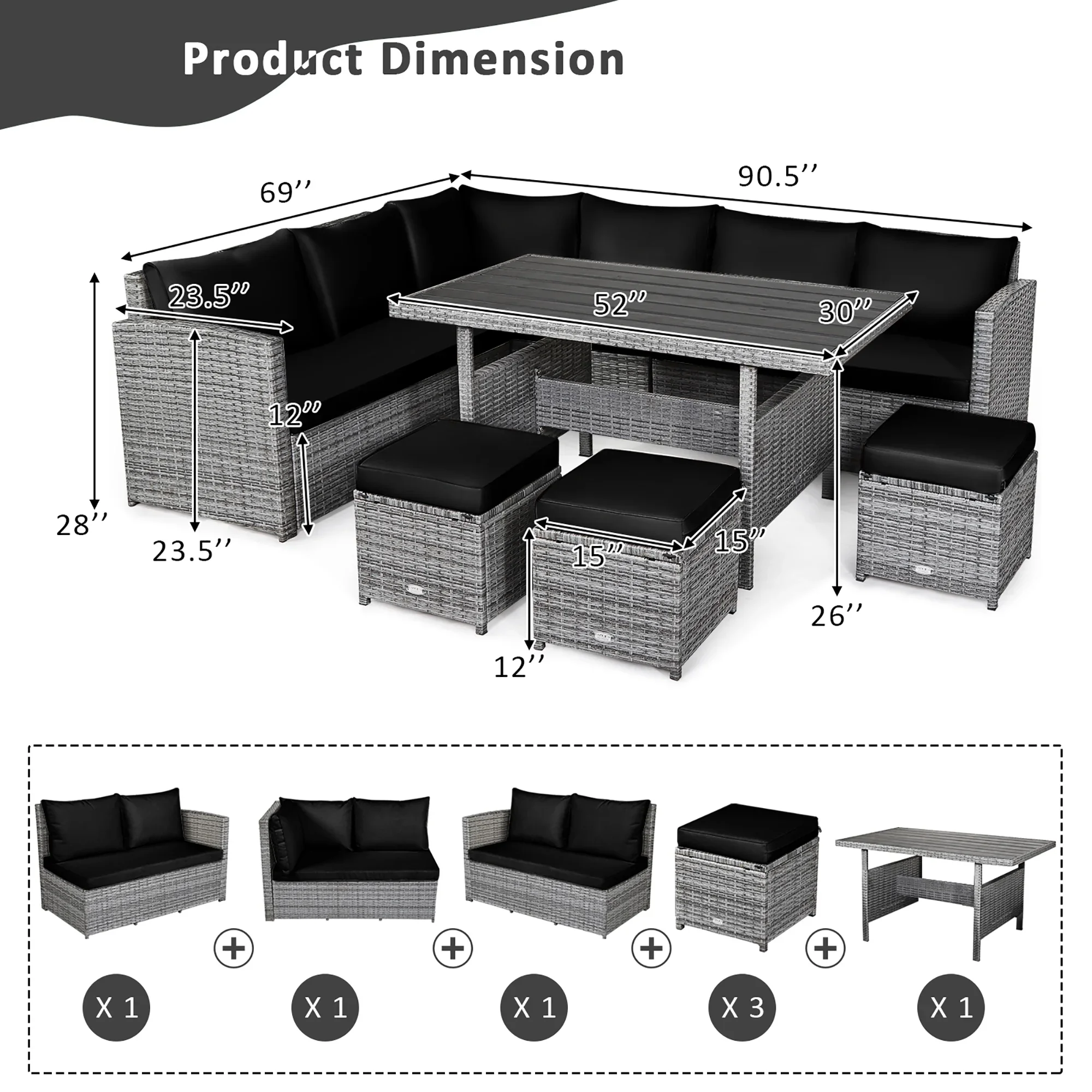 Costway 7 PCS Patio Rattan Dining Set Sectional Sofa Couch Ottoman Garden Red