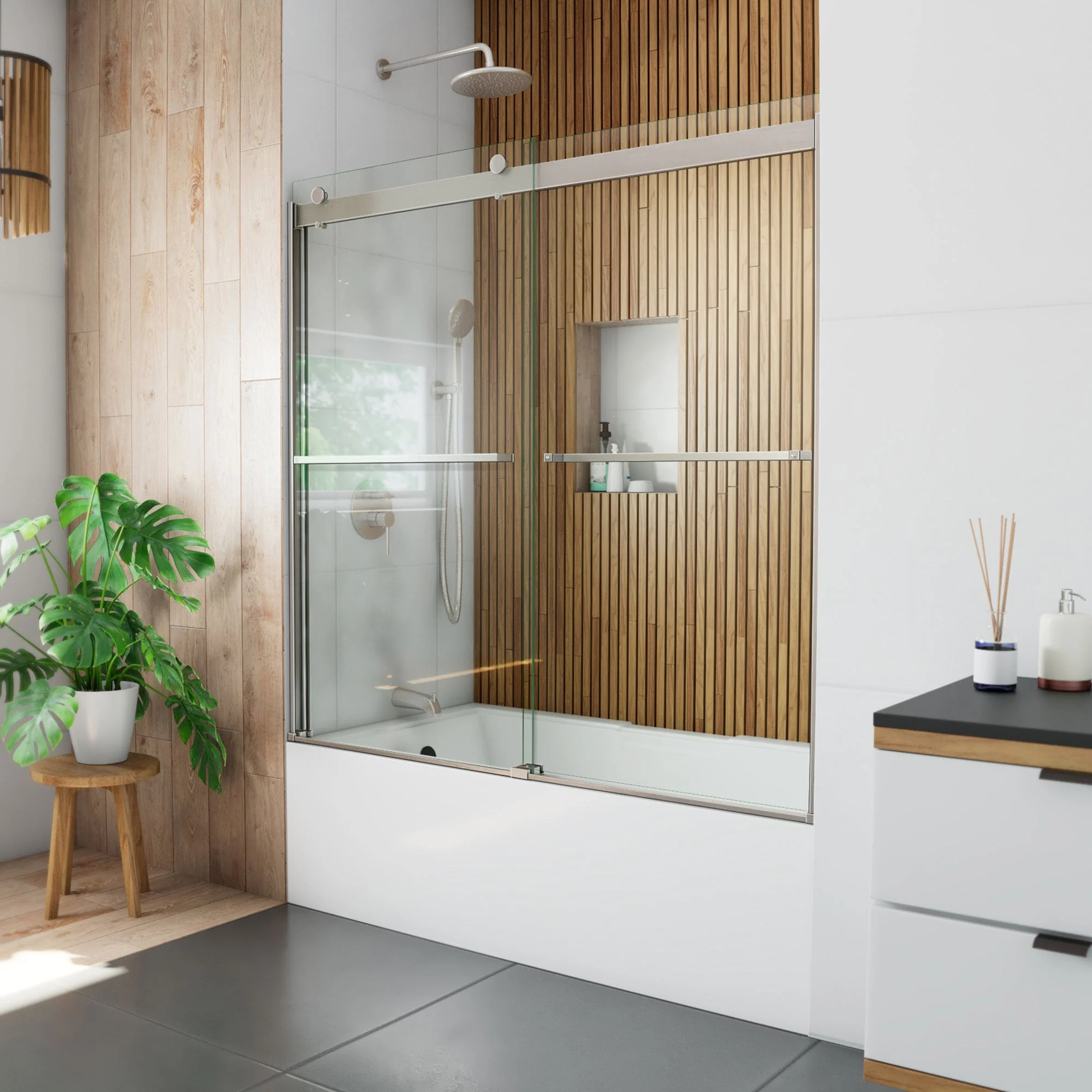 Sapphire Brushed Nickel 56-in to 60-in W x 60-in H Semi-Frameless Bypass Sliding Bathtub Door