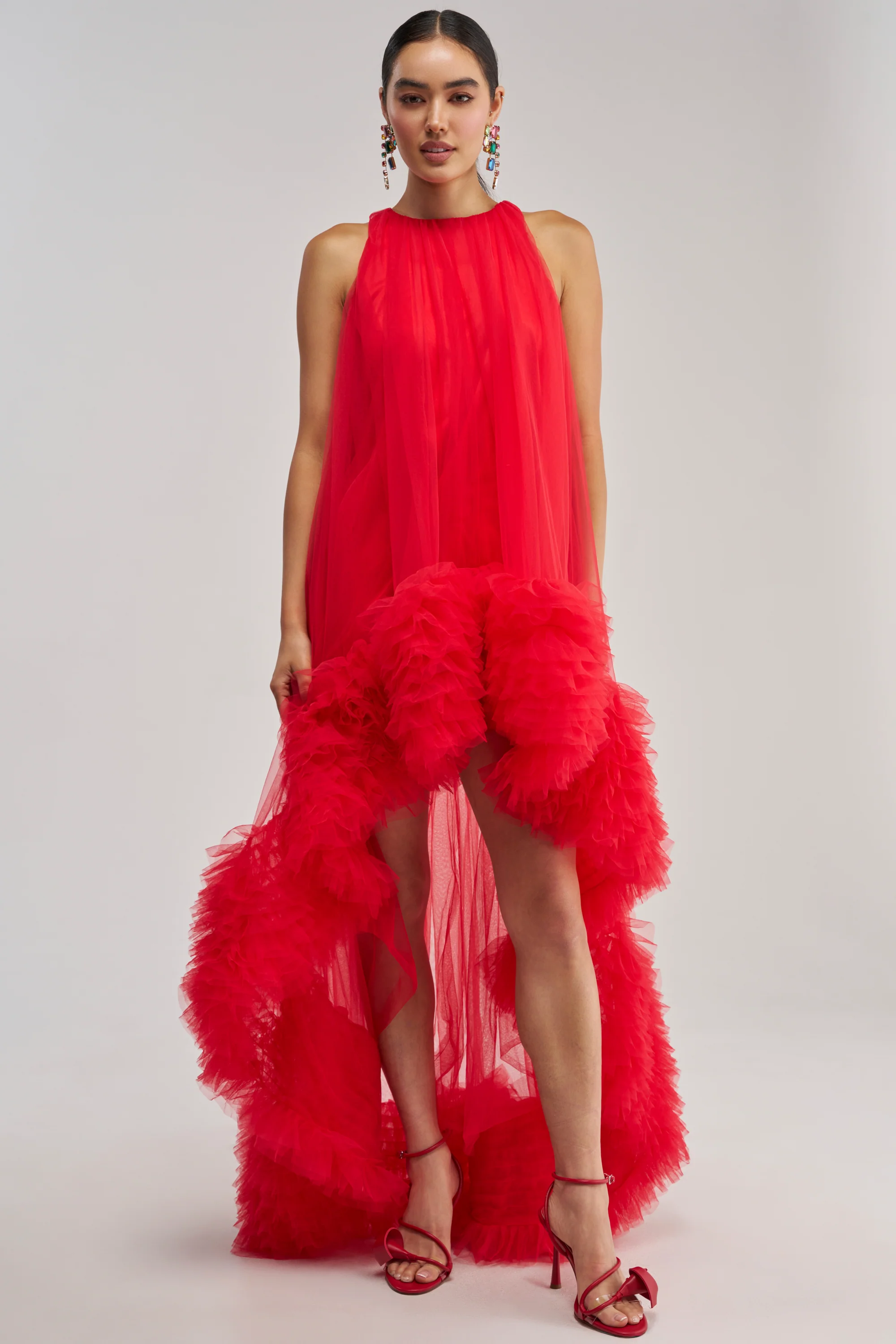 ARI TULLE RUFFLE HIGH LOW MINI DRESS IN RED - Akira Store