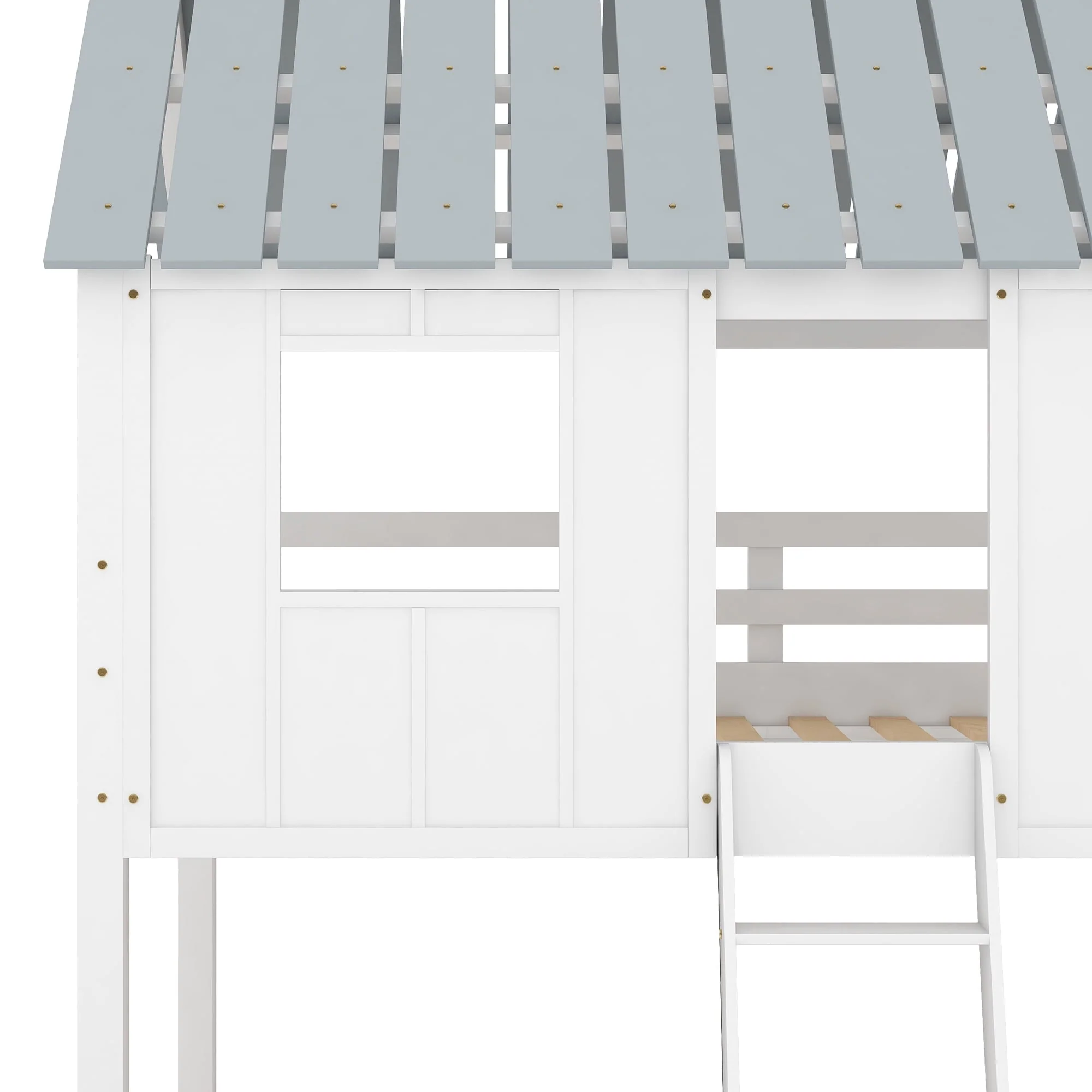 Twin over Twin Low Bunk Bed with Roof and Guardrail for Kids Room, White - Image 4
