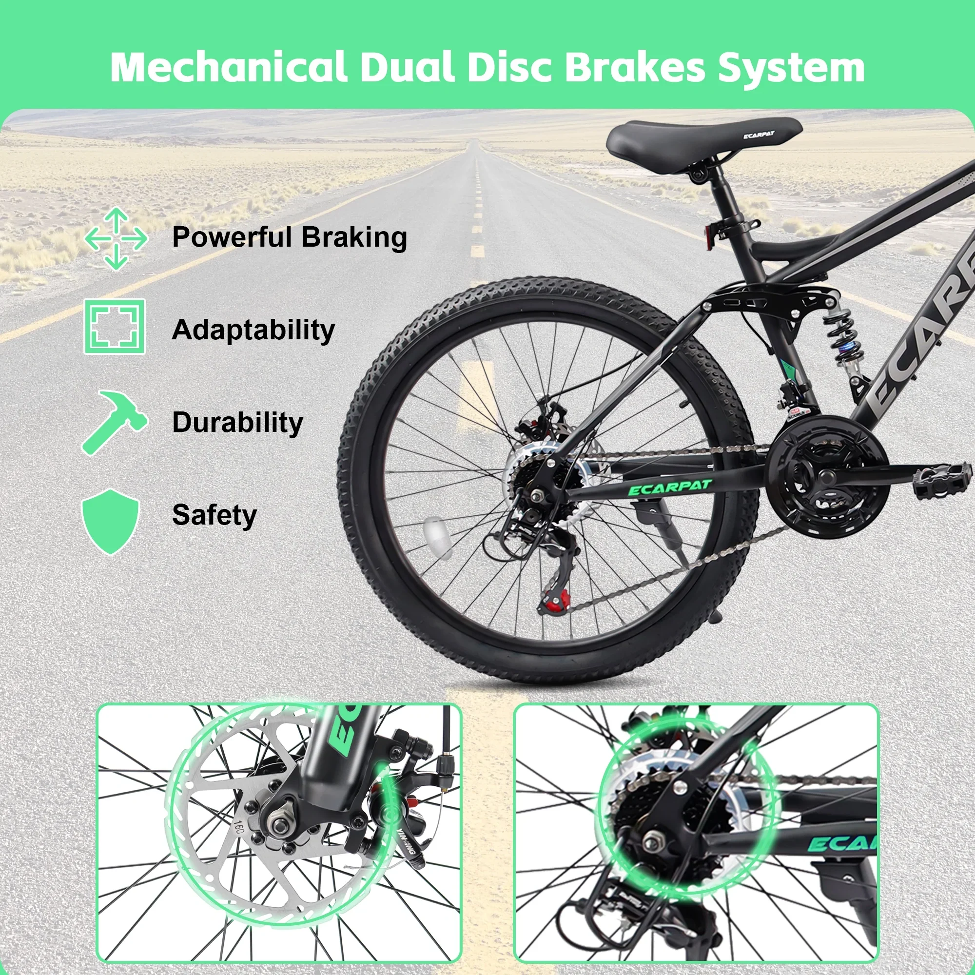 27.5 Inch Dual Full Suspension Mountain Bike, 21-Speed Mountain Bike with Dual Disc Brakes and Carbon Steel Frame, Trail Beach Snow Commuter City Bicycles for Adult Men Women, Black