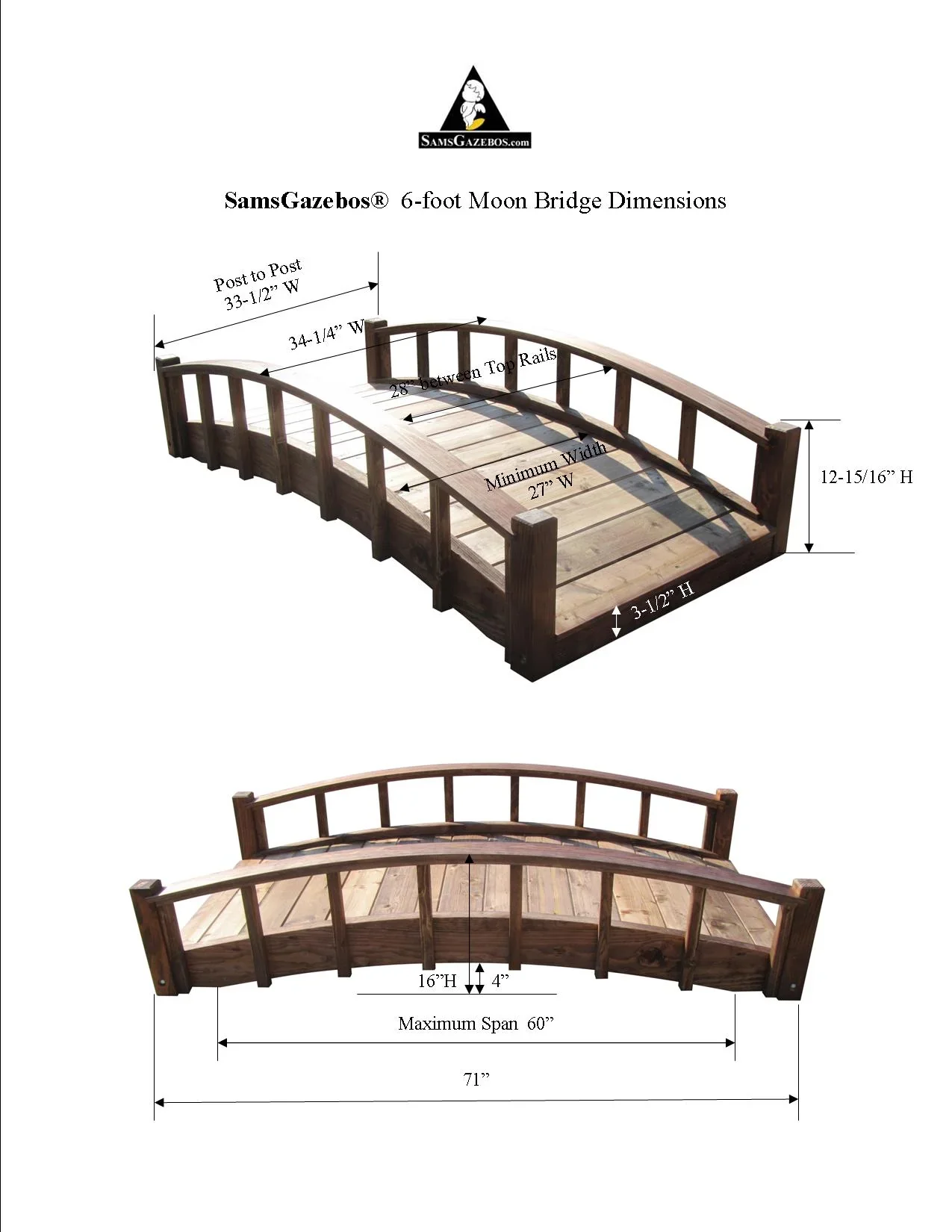 SamsGazebos 6 Foot Japanese Garden Bridge, Brown