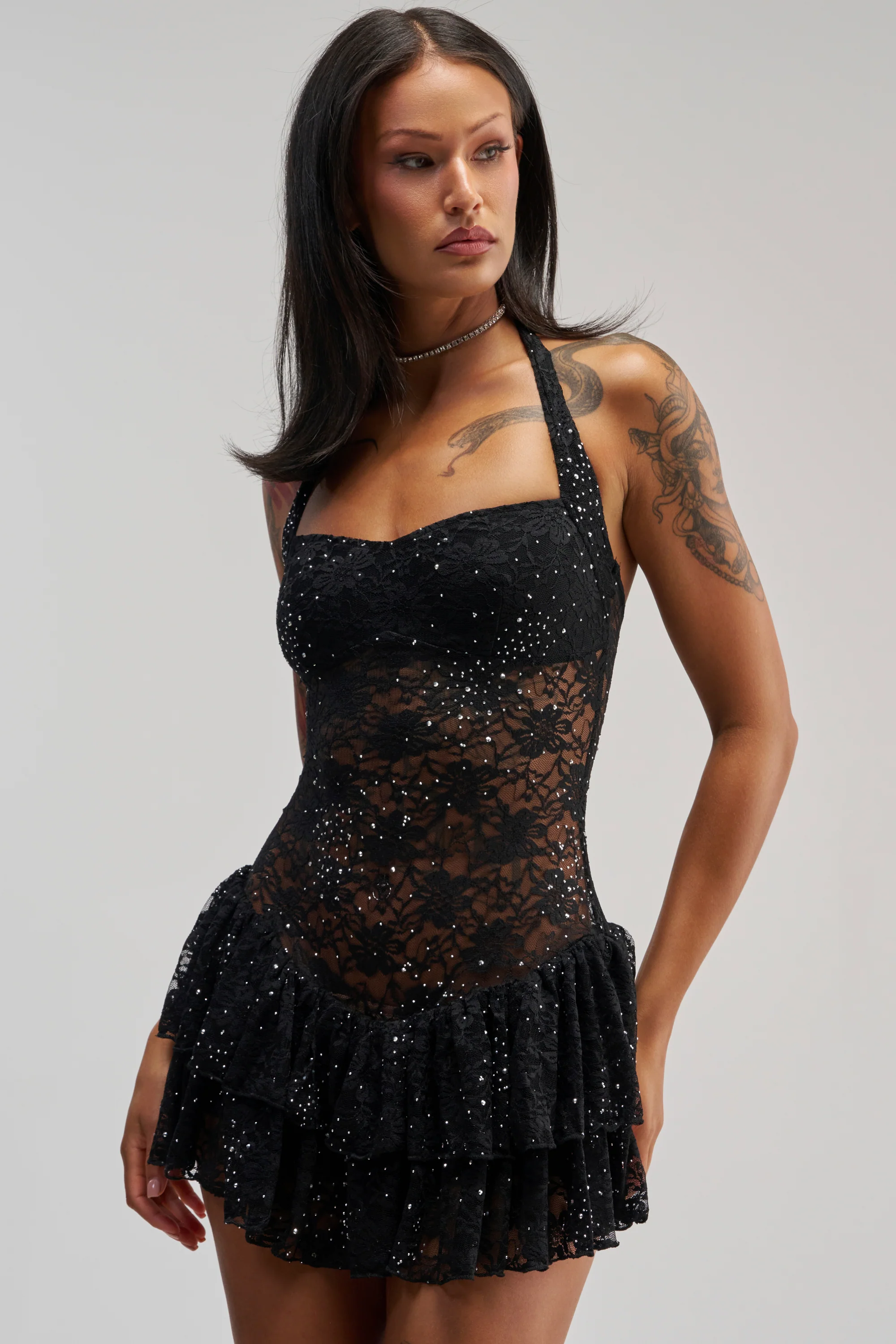 SEE RIGHT THROUGH ME LACE MINI DRESS IN BLACK - Akira Store