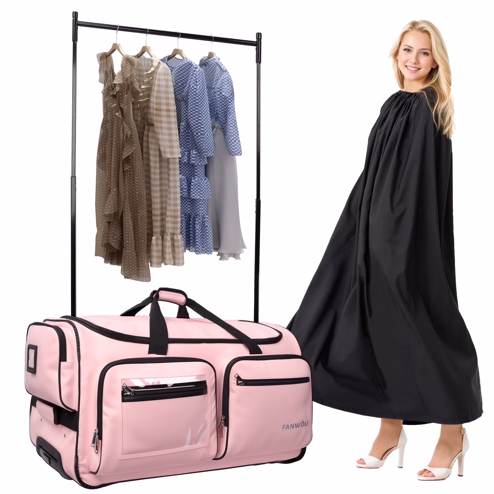 Dance Bag with Garment Rack 28"Collapsible Rolling Competition Dance Duffle Bag Lightweight Costume Wheeled Suitcase for Dancers Shows Livestreamer Athletes(Pink-28Inch) - Image 3
