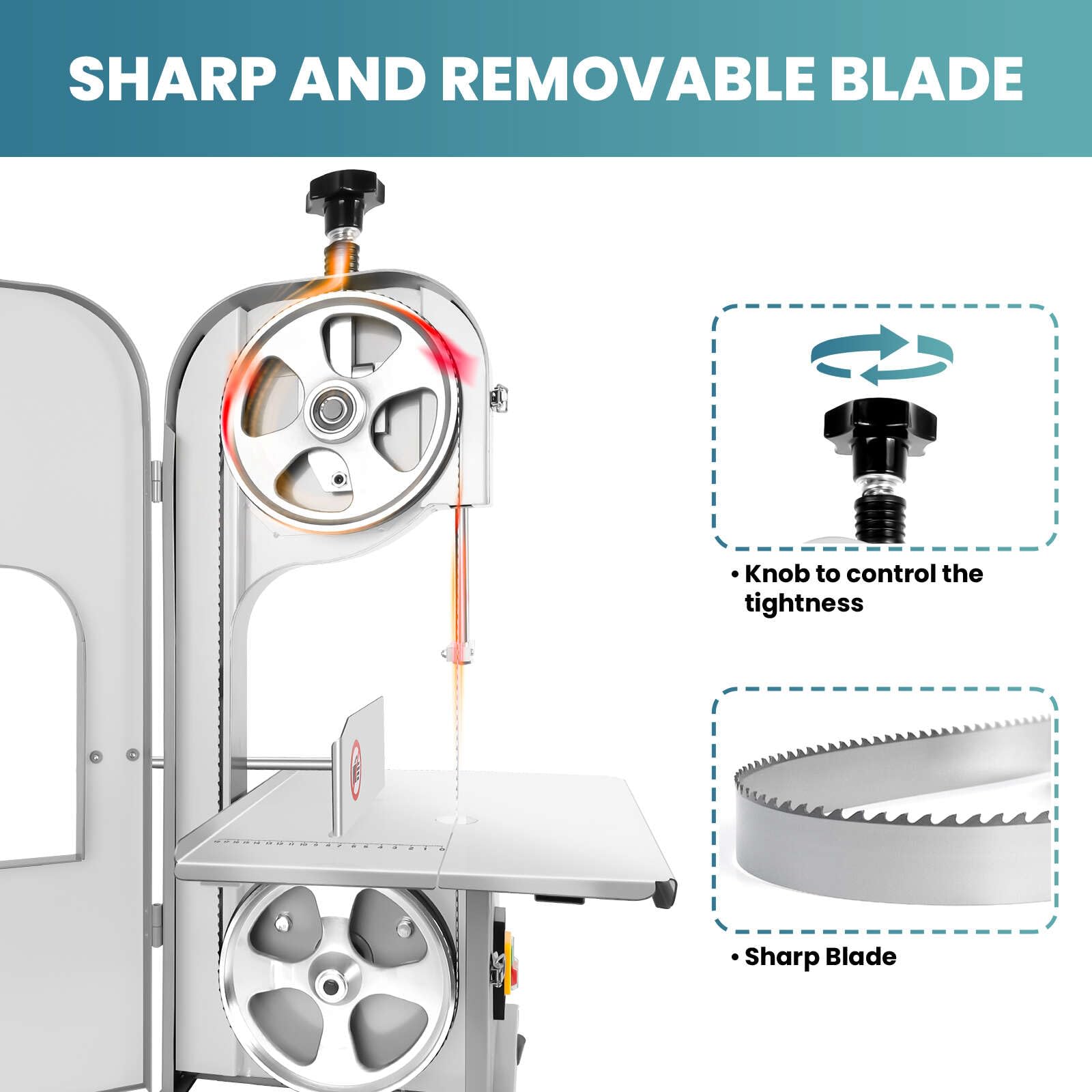 Electric Meat Bone Saw 1500W, Adjustable Slice Thickness with 8 HSS Saw Blades, Cutter Machine with Stainless Steel Table, Bone Saw for Butchering Frozen Meat and Rib Pork