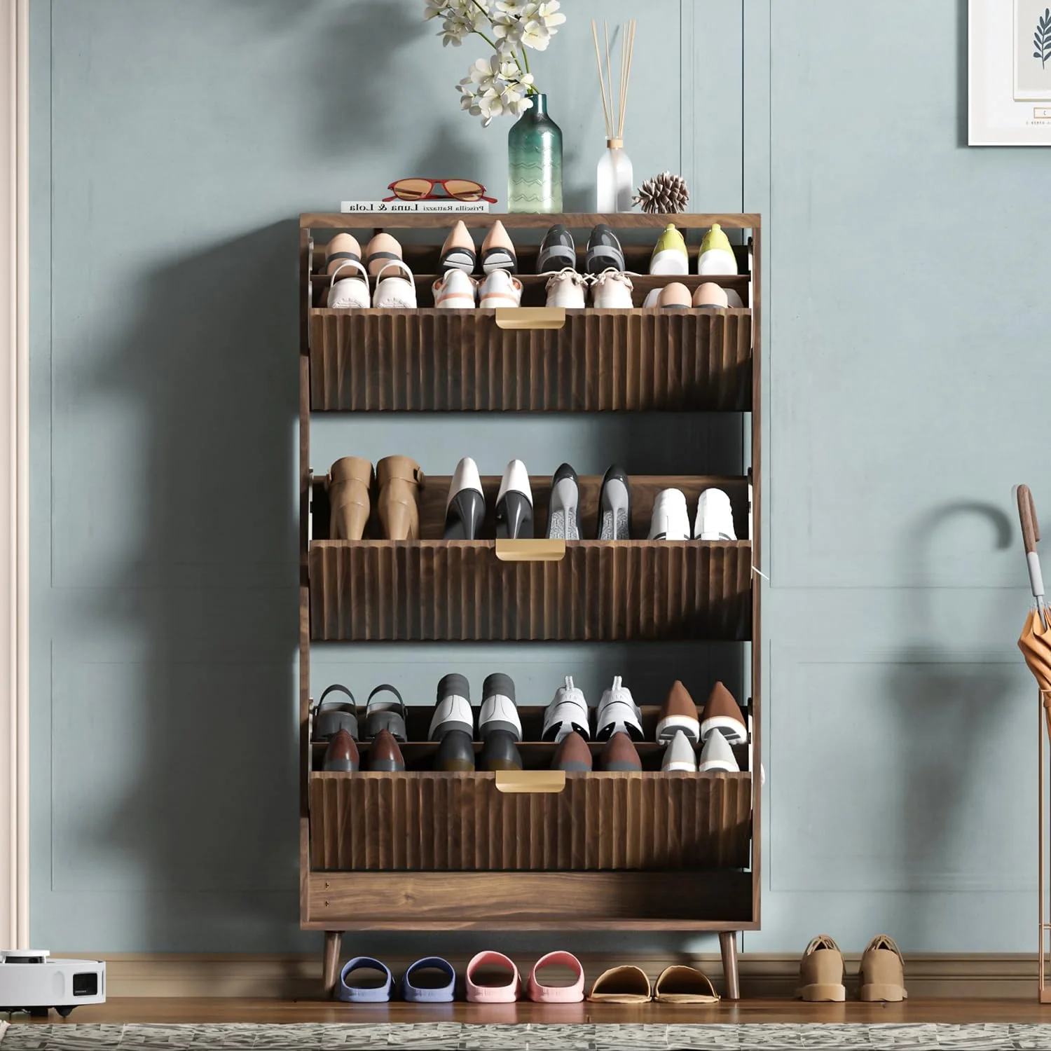 Meuble à chaussures moderne autoportant avec 2 tiroirs rabattables et étagère à chaussures étroite