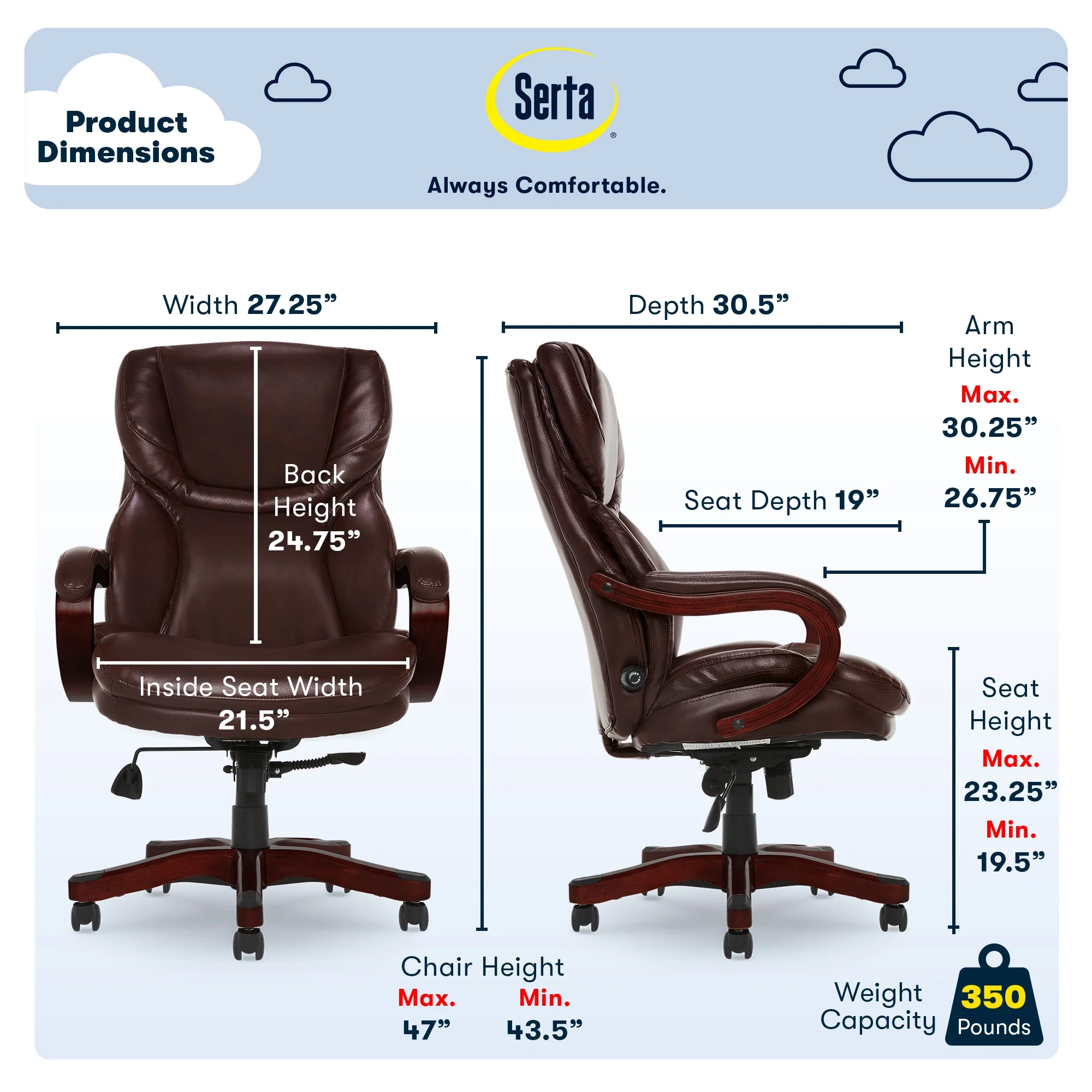 Serta Conway Big  Tall Office Chair, Ergonomic Adjustable Lumbar, Semi Plush Cushion, Body Pillows, Brown(Chestnut Brown)