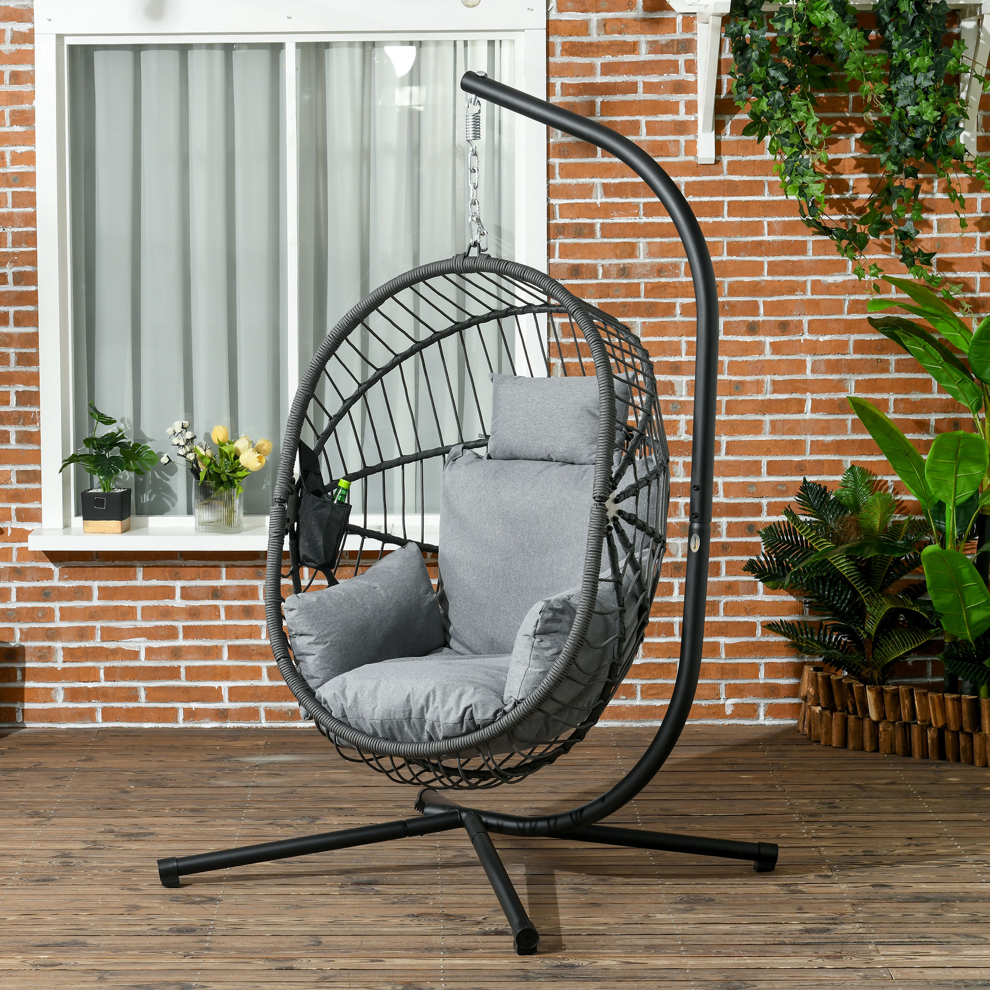 Outsunny Hangstoel voor buiten, inclusief kussen, Egg-Chair, 120 cm x 106 cm x 188 cm, Grijs