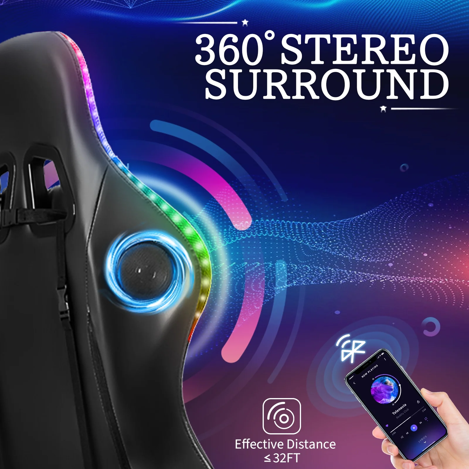 Gaming Chair with Bluetooth Speaker, Ergonomic Massage Racing Chair with RGB Lights, Footrest and Lumbar Support, High Back Office Chair, Heavy Duty Design Gaming Computer Chair(Red with Black) - Image 4
