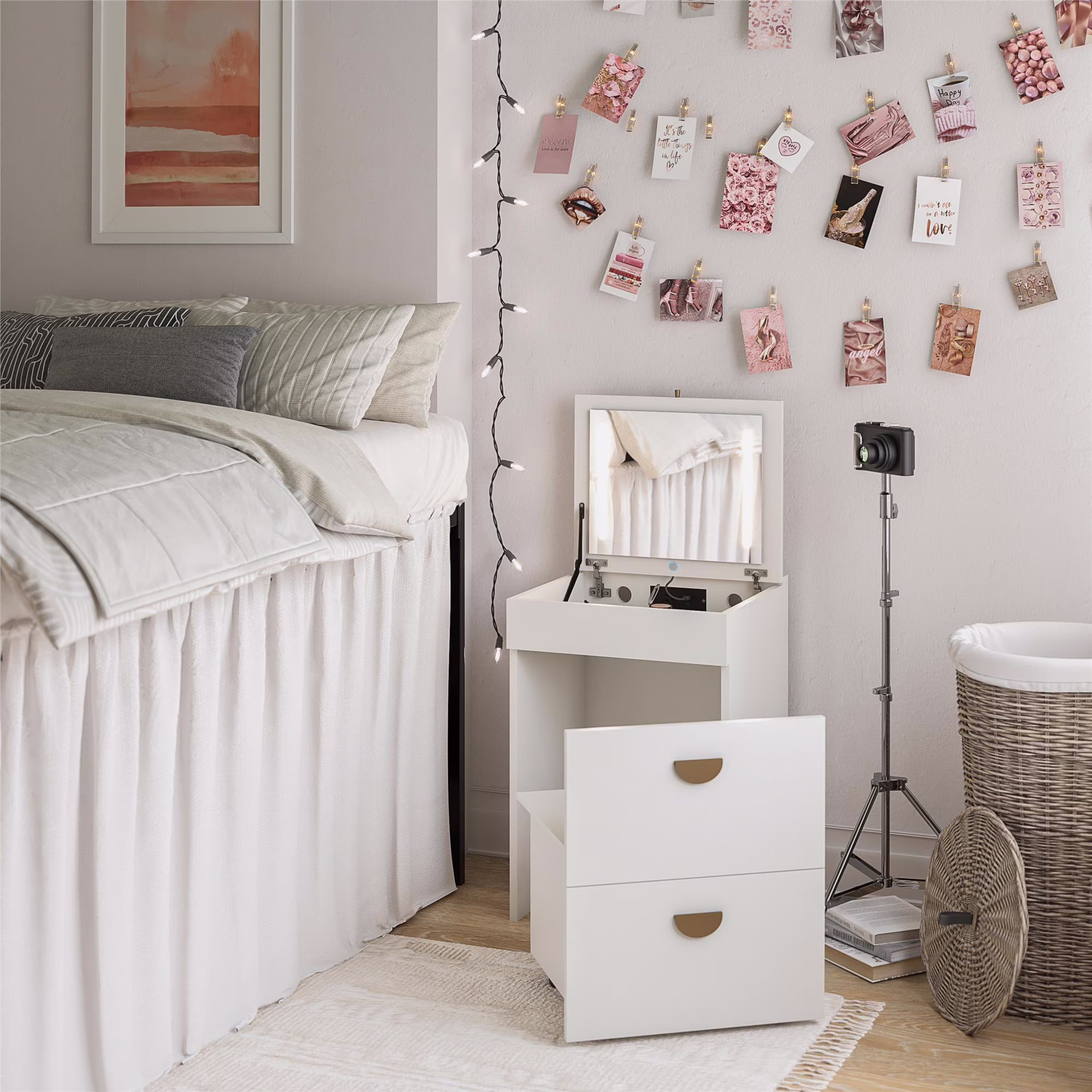 Ameriwood Home Compact 3 - in - 1 Vanity Set, Makeup Storage Desk & Stool, Mirror W/ LED Lights & USB Charging Station, White