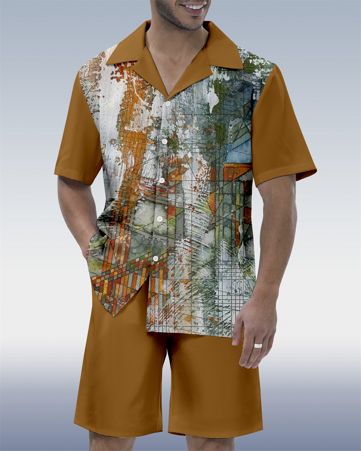 Costume hawaïen à manches courtes pour homme, imprimé ethnique ombré contrasté 067