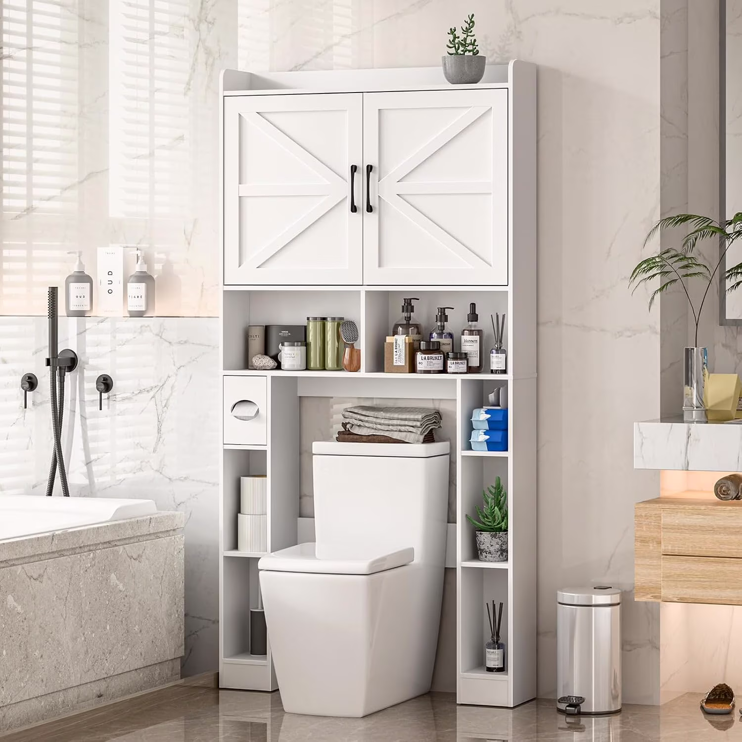 Over The Toilet Storage Cabinet with Toilet Paper Holder Stand, Above Toilet with Adjustable Shelf 2 Doors(Unique White)