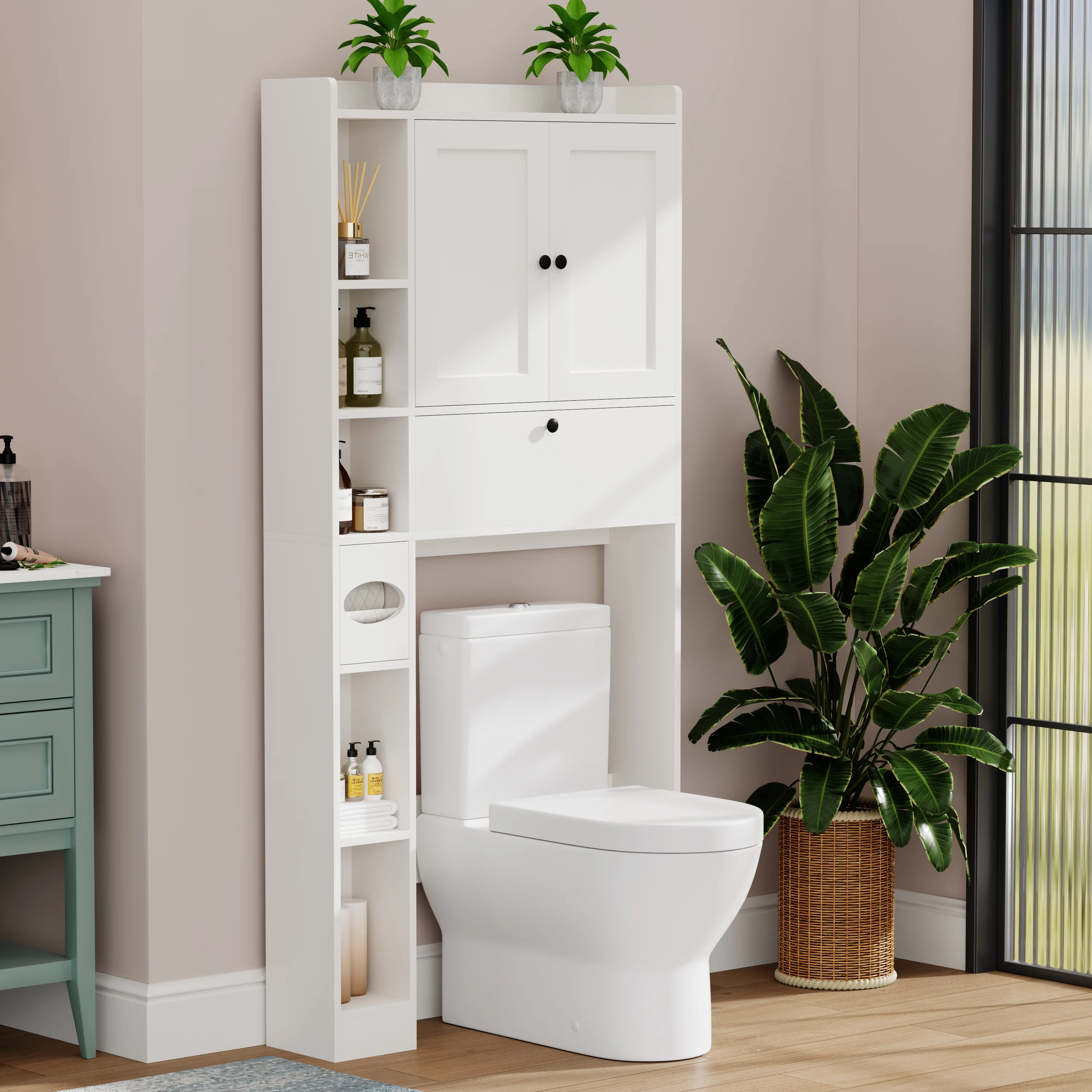 Over The Toilet Storage Cabinet,Bathroom Storage Cabinet with Wooden Doors,Bathroom Organizer Over-The-Toilet Cabinet(White)(White) - Image 2
