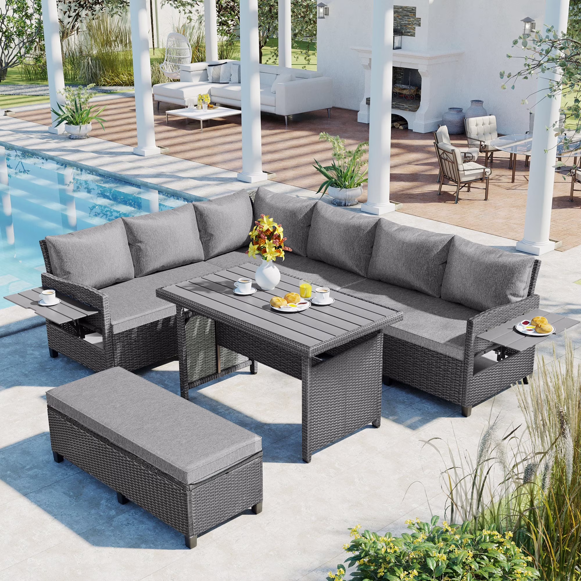 Outdoor Rattan Sectional Sofa Set with Dining Table, Patio L-Shaped Wicker Conversation Set with 2 Extendable Side Tables, Brown(Brown) - Image 3