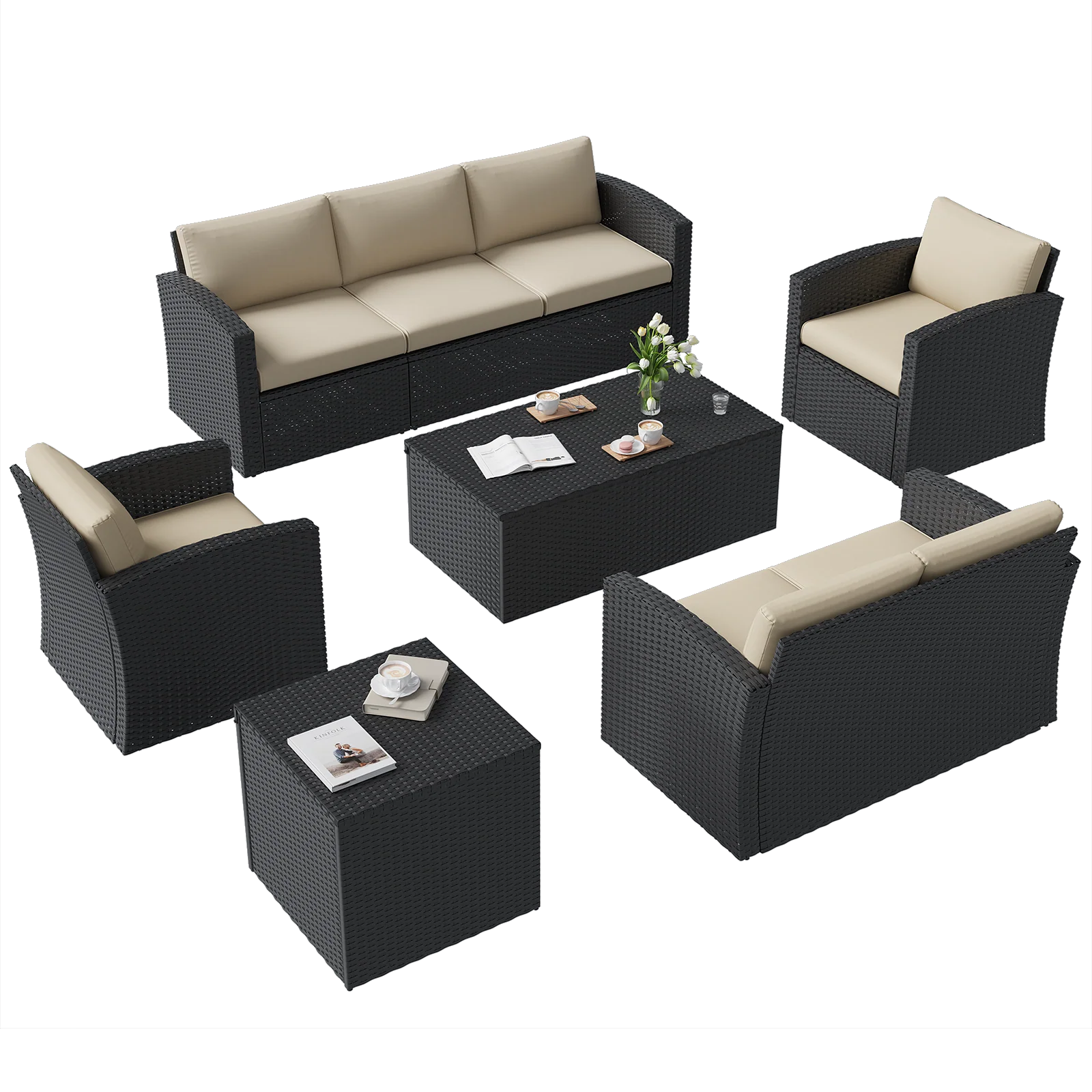 AECOJOY 7 PCS Outdoor Patio Furniture Sets with 2 Storage Boxes, Black & Beige