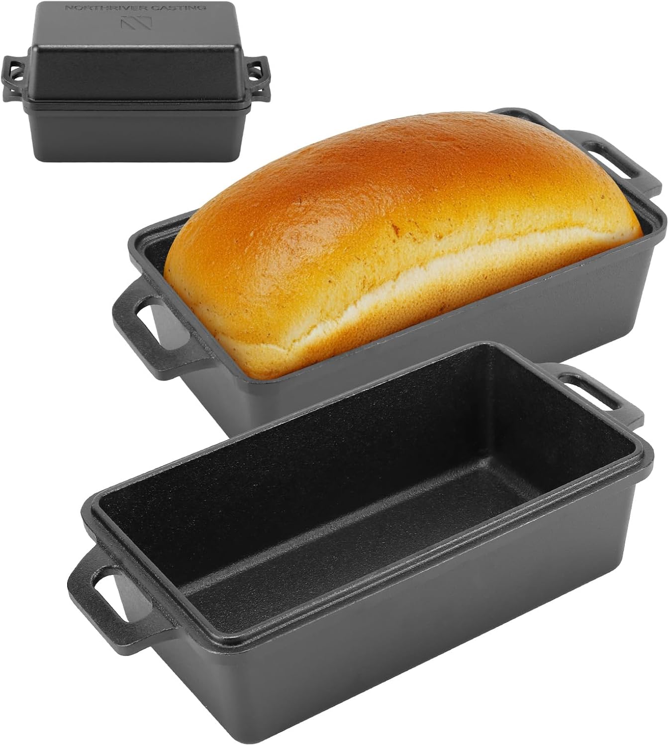 Northriver Casting 9×5 Inch Cast Iron Loaf Pan with Lid| Bread Baking Pan| Even Heat Distribution for Homemade Bread, Cake, and Meatloaf| 2 Piece Set