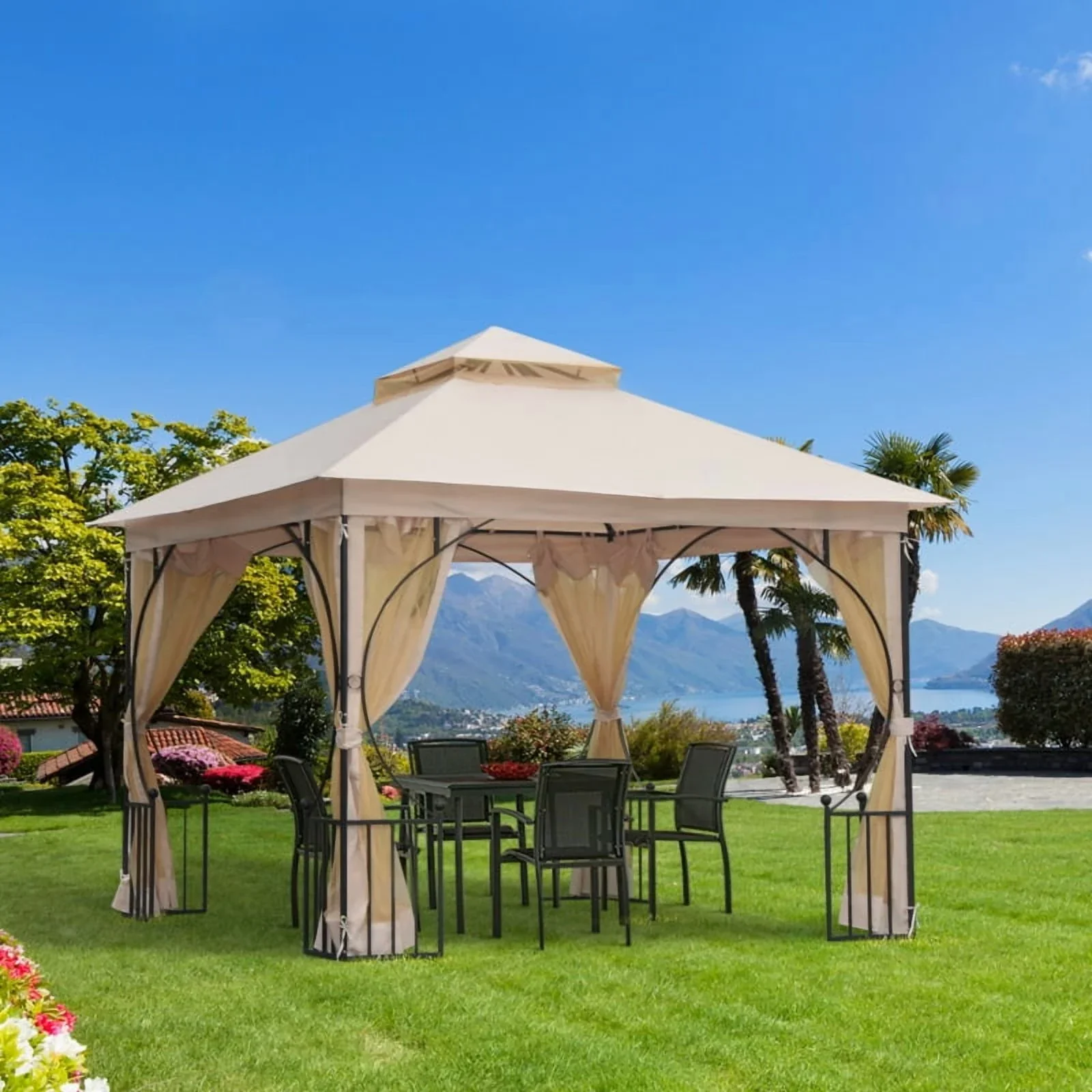 10' x 10' Patio Gazebo, Double Roof Outdoor Gazebo Canopy Shelter with Netting, Steel Corner Frame for Garden, Lawn, Backyard and Deck, Beige On-Site
