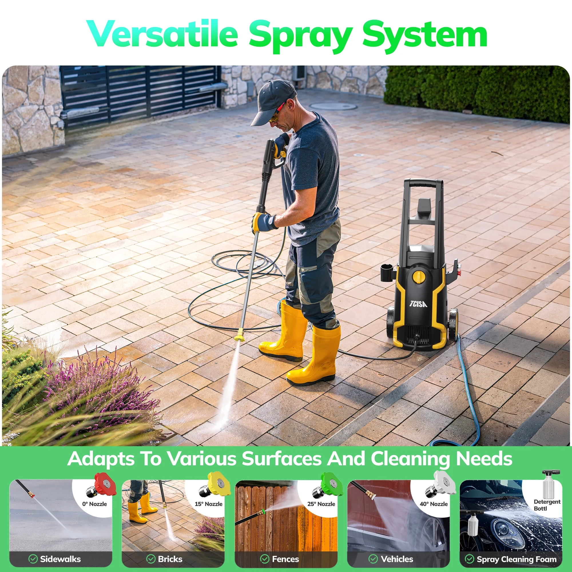 TCISA 3500 PSI Electric Pressure Washer, Max 2 GPM Power Washer with 35FT Power Cord 20FT Hose 4 Nozzles Soap Cannon for Car Garden Yard Hom