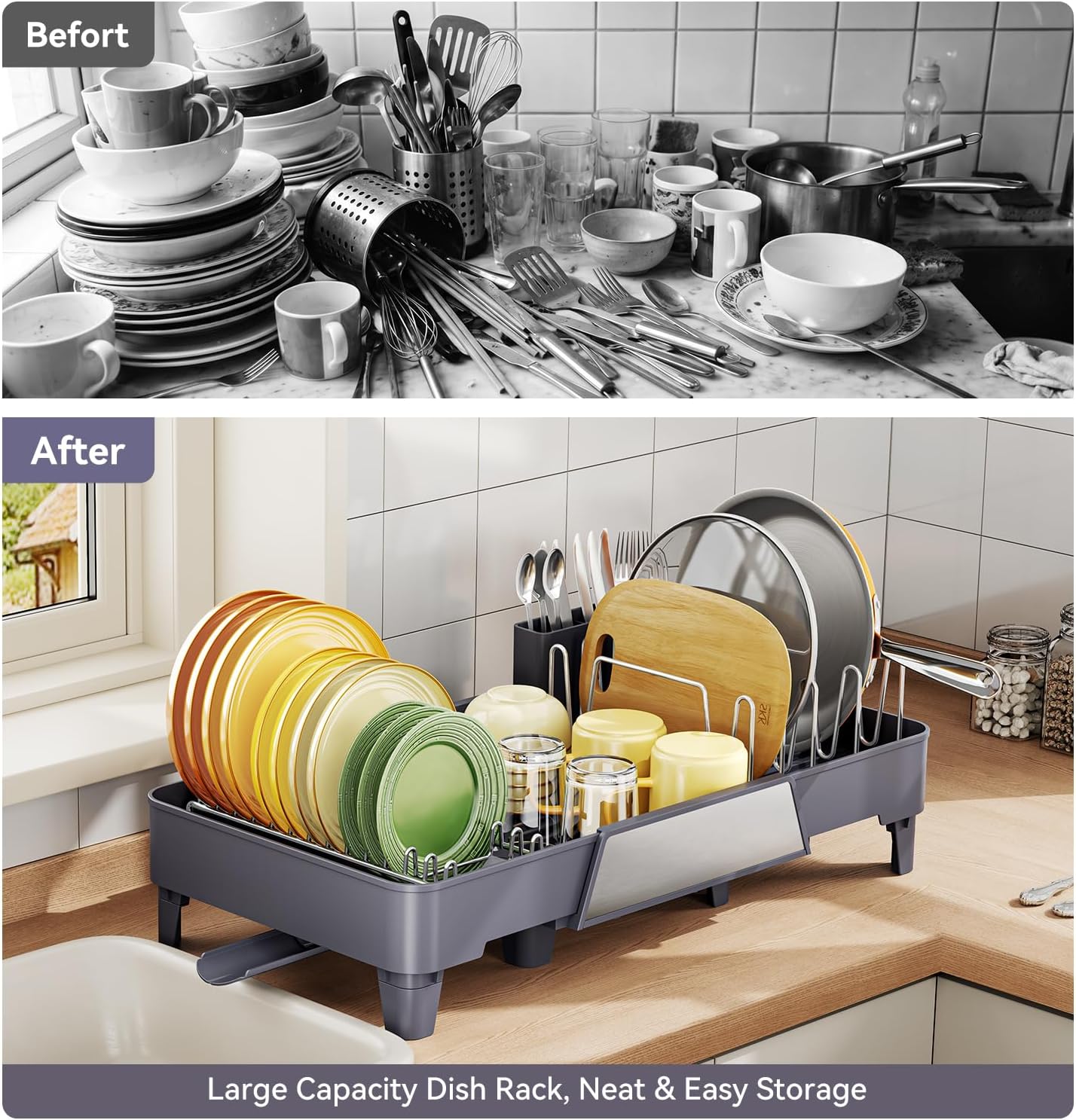 Urackify Large Dish Drying Rack, Expandable Dish Drainer, Gray